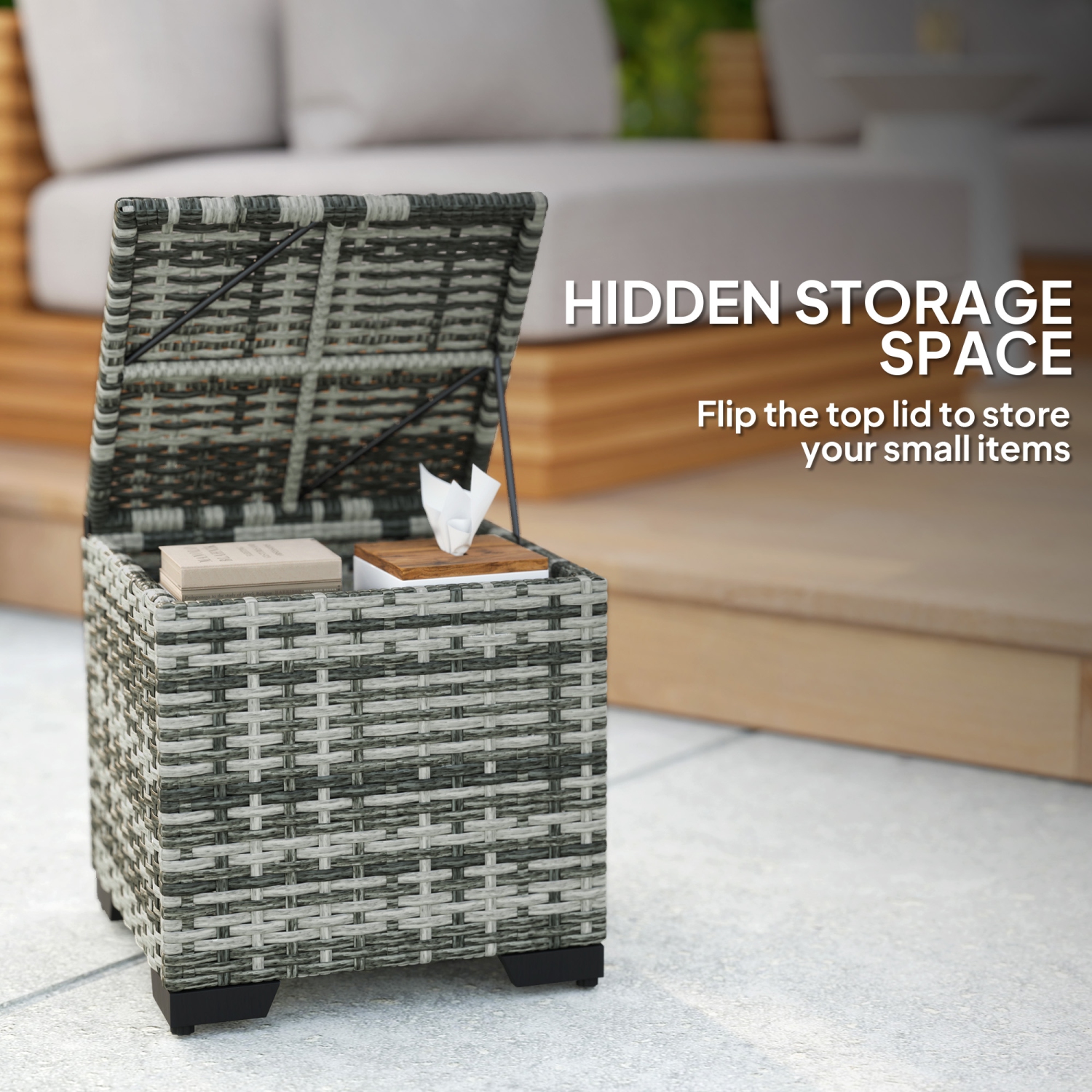 Outsunny Set of 2 Wicker Ottoman, Outdoor Footstool with Storage & Removable Cushions, Patio Ottoman Set for Poolside, Patio, Deck, Grey