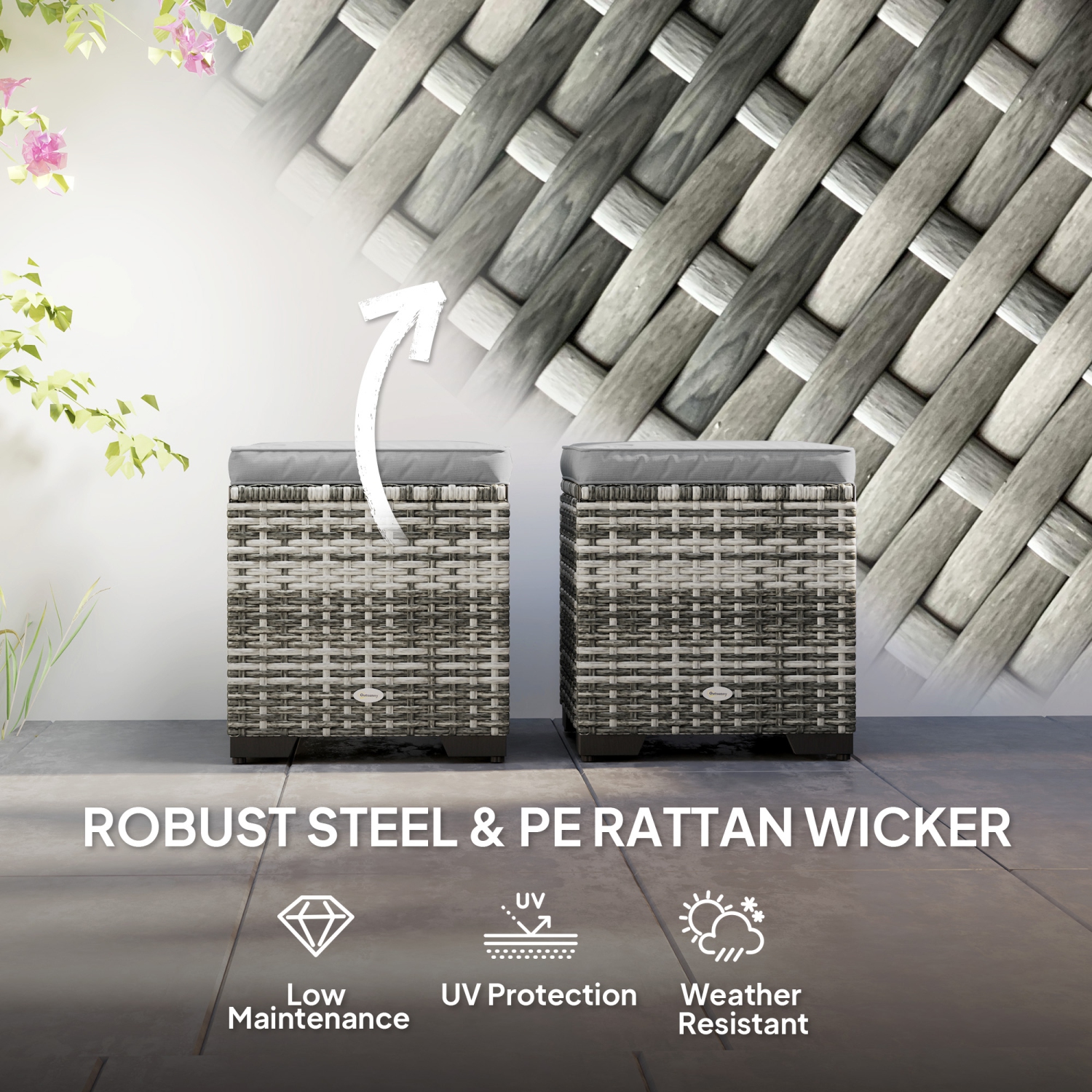 Outsunny Set of 2 Wicker Ottoman, Outdoor Footstool with Storage & Removable Cushions, Patio Ottoman Set for Poolside, Patio, Deck, Grey