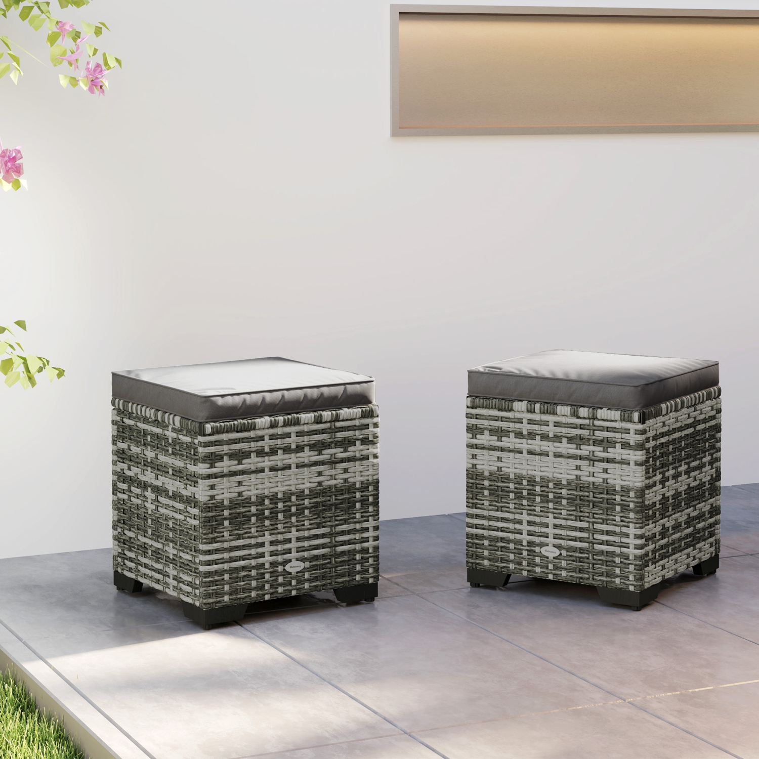 Outsunny Set of 2 Wicker Ottoman, Outdoor Footstool with Storage & Removable Cushions, Patio Ottoman Set for Poolside, Patio, Deck, Grey
