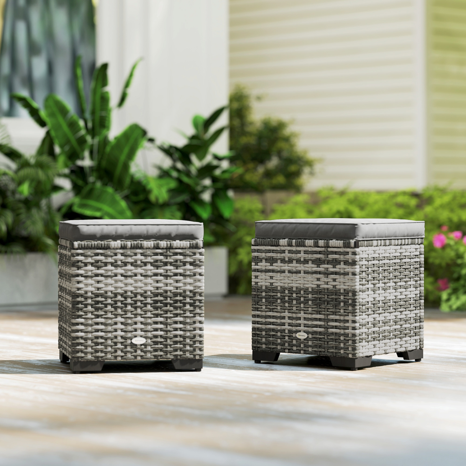 Outsunny Set of 2 Wicker Ottoman, Outdoor Footstool with Storage & Removable Cushions, Patio Ottoman Set for Poolside, Patio, Deck, Grey