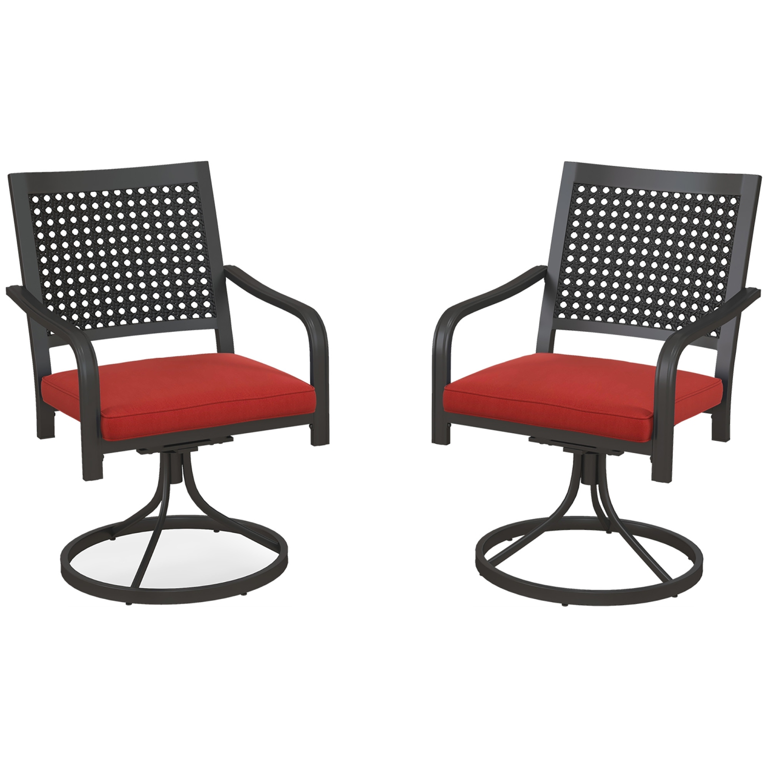 Outsunny 2 Pieces Patio Swivel Chairs with Cushion, Outdoor Swivel Rocker with Curved Armrests, Backrest for Garden, Balcony, Porch, Red