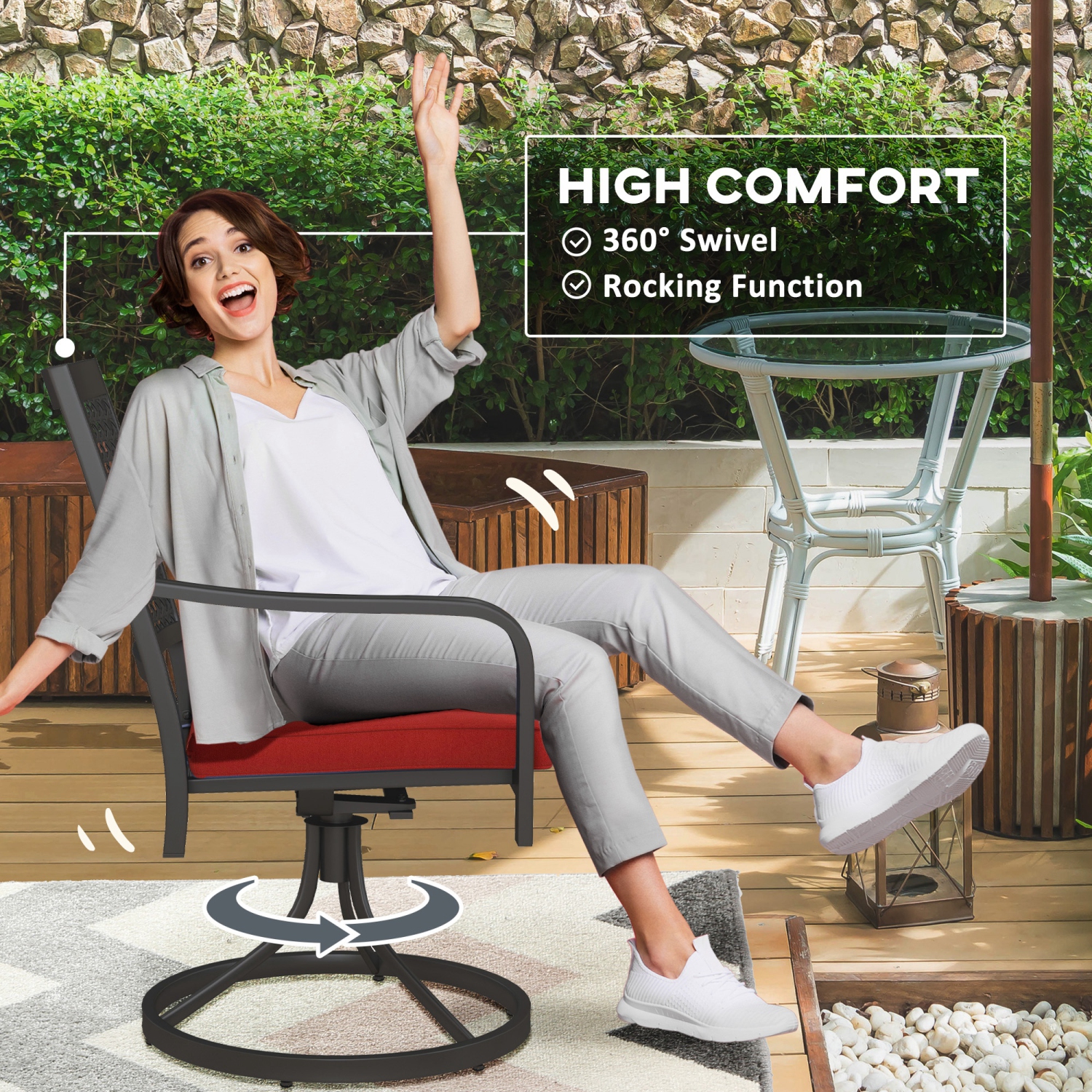 Outsunny 2 Pieces Patio Swivel Chairs with Cushion, Outdoor Swivel Rocker with Curved Armrests, Backrest for Garden, Balcony, Porch, Red