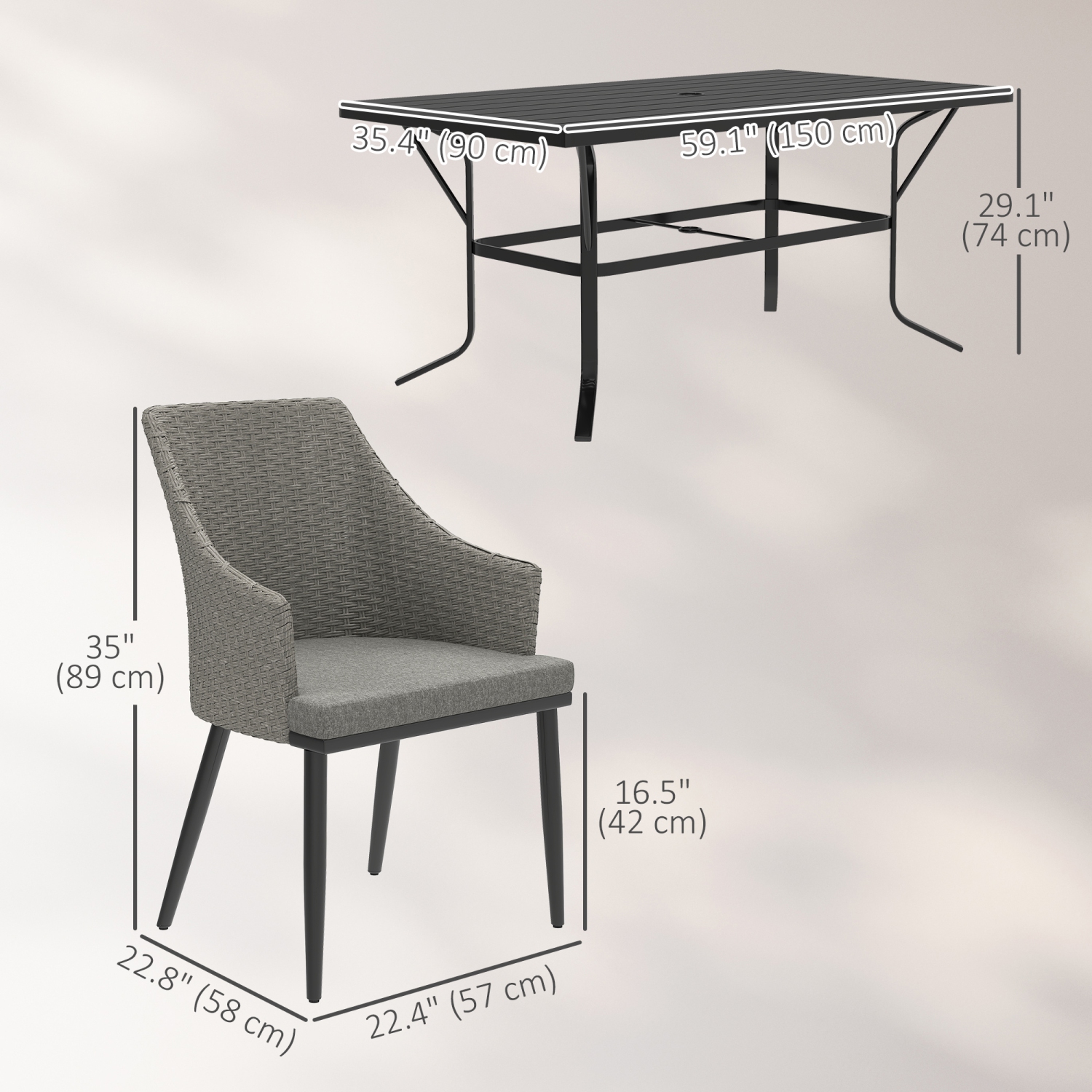 Outsunny 7 Piece Patio Dining Set, PE Wicker Patio Table and Chairs with Cushions, Umbrella Hole, Slatted Table Top, Patio Furniture Conversation Set