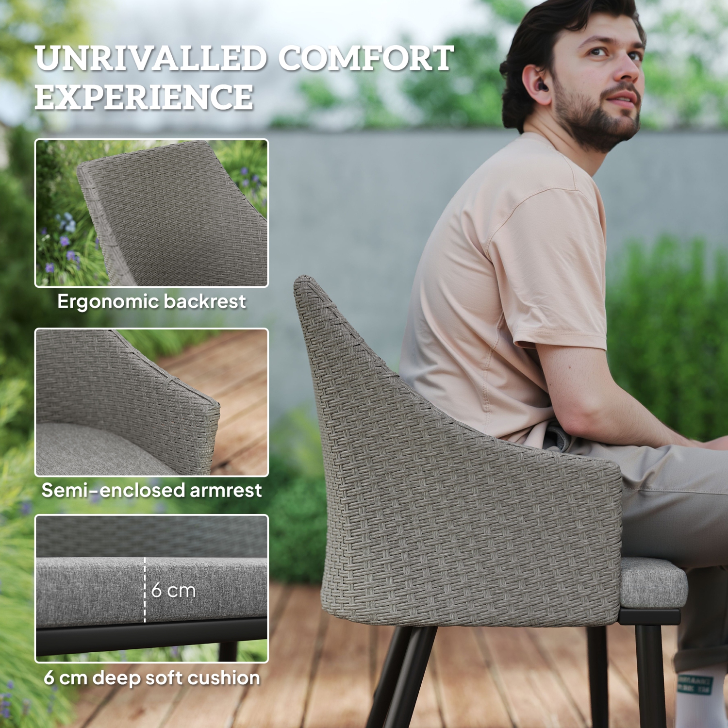 Outsunny 7 Piece Patio Dining Set, PE Wicker Patio Table and Chairs with Cushions, Umbrella Hole, Slatted Table Top, Patio Furniture Conversation Set