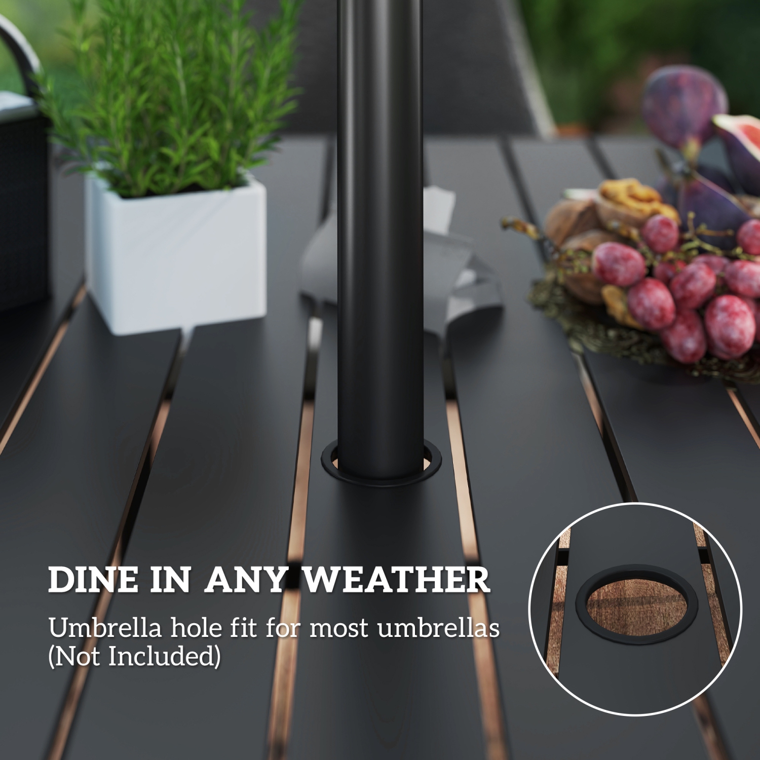 Outsunny 7 Piece Patio Dining Set, PE Wicker Patio Table and Chairs with Cushions, Umbrella Hole, Slatted Table Top, Patio Furniture Conversation Set