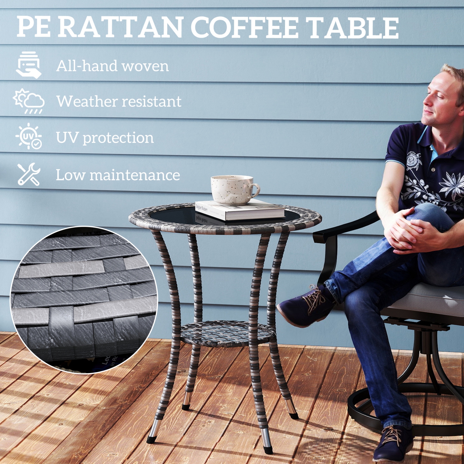 Outsunny 25" Outdoor Wicker Dining Table, Rattan Patio Round Coffee Table with 2-Tier Storage Shelf, Metal Frame Side Table with Tempered Glass Top,