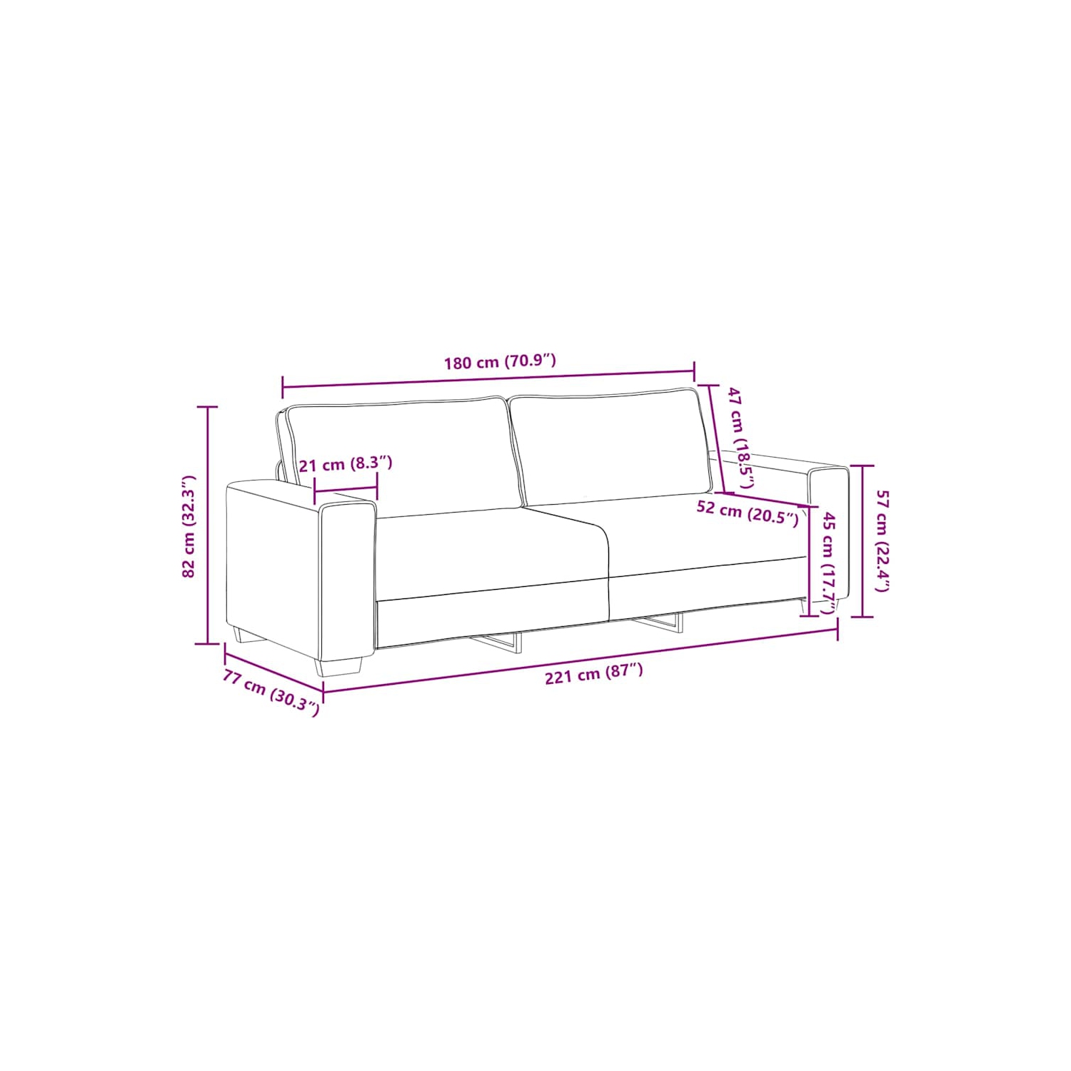 Canapé 3 places&nbsp;en tissu 180&nbsp;cm noir vidaXL