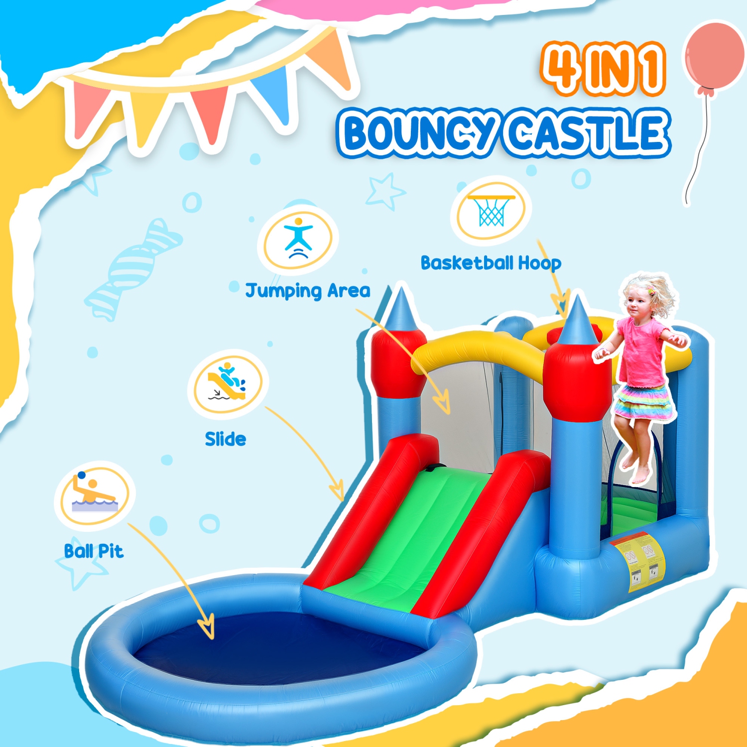 Qaba 13.6 x 6.7FT Bouncy Castle for Kids, 4 in 1 Inflatable Bounce House with Water Slide, Basketball Hoop, Ball Pit, Blower, Carry Bag, Indoor &