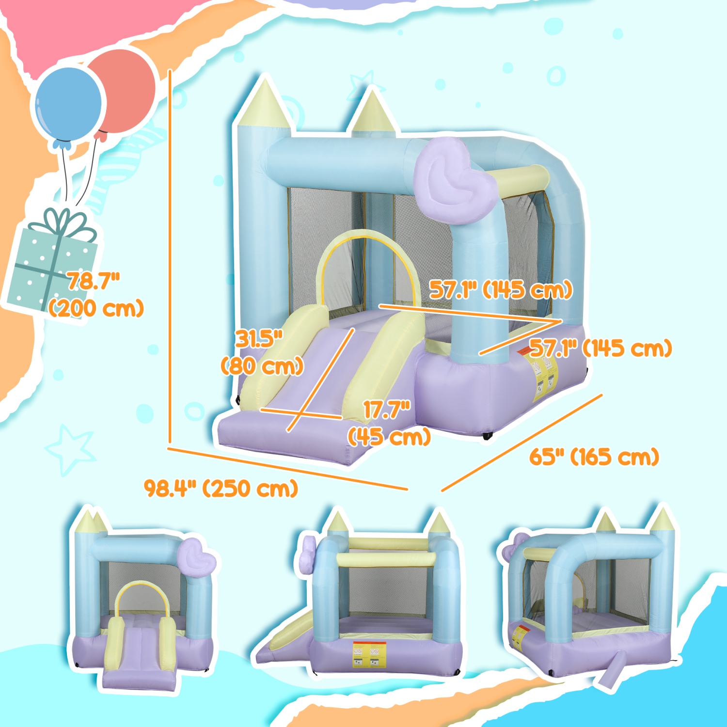 Qaba Inflatable Bounce House with 370W Blower, Bouncy Castle with Slide, Outdoor Indoor Party Wedding Playhouse Bouncer for Kids Ages 3-8, 98" x 65"