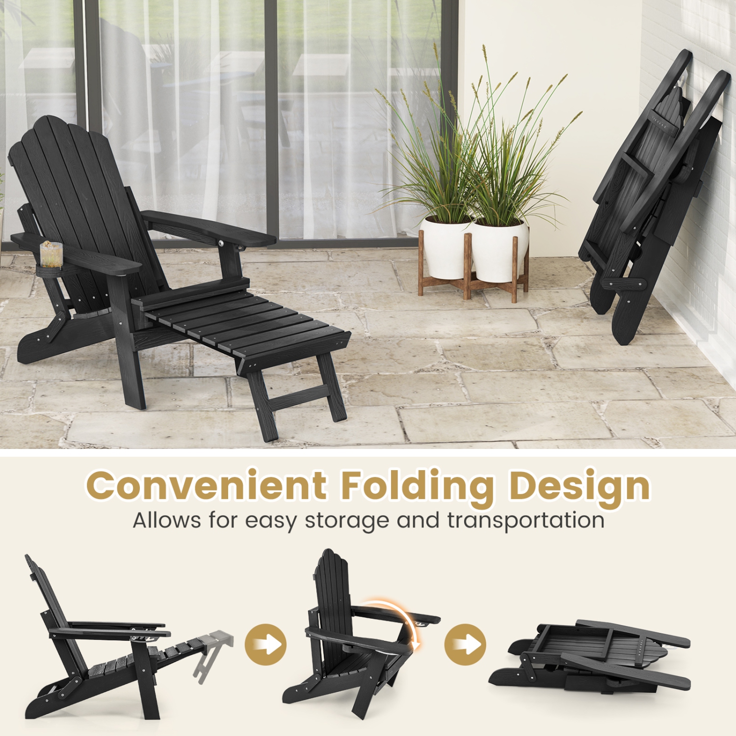 Gymax 2 PCS Folding Adirondack Chair HIPS Fire Pit Chair w/ Adjustable Backrest