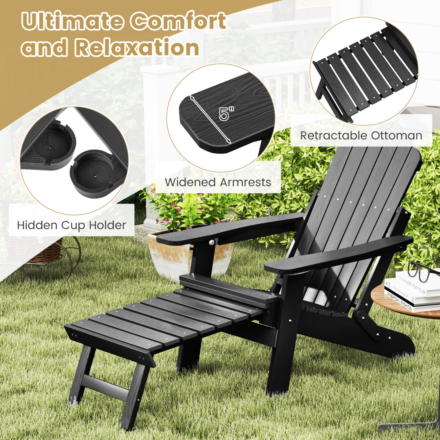 Gymax 2 PCS Folding Adirondack Chair HIPS Fire Pit Chair w/ Adjustable Backrest