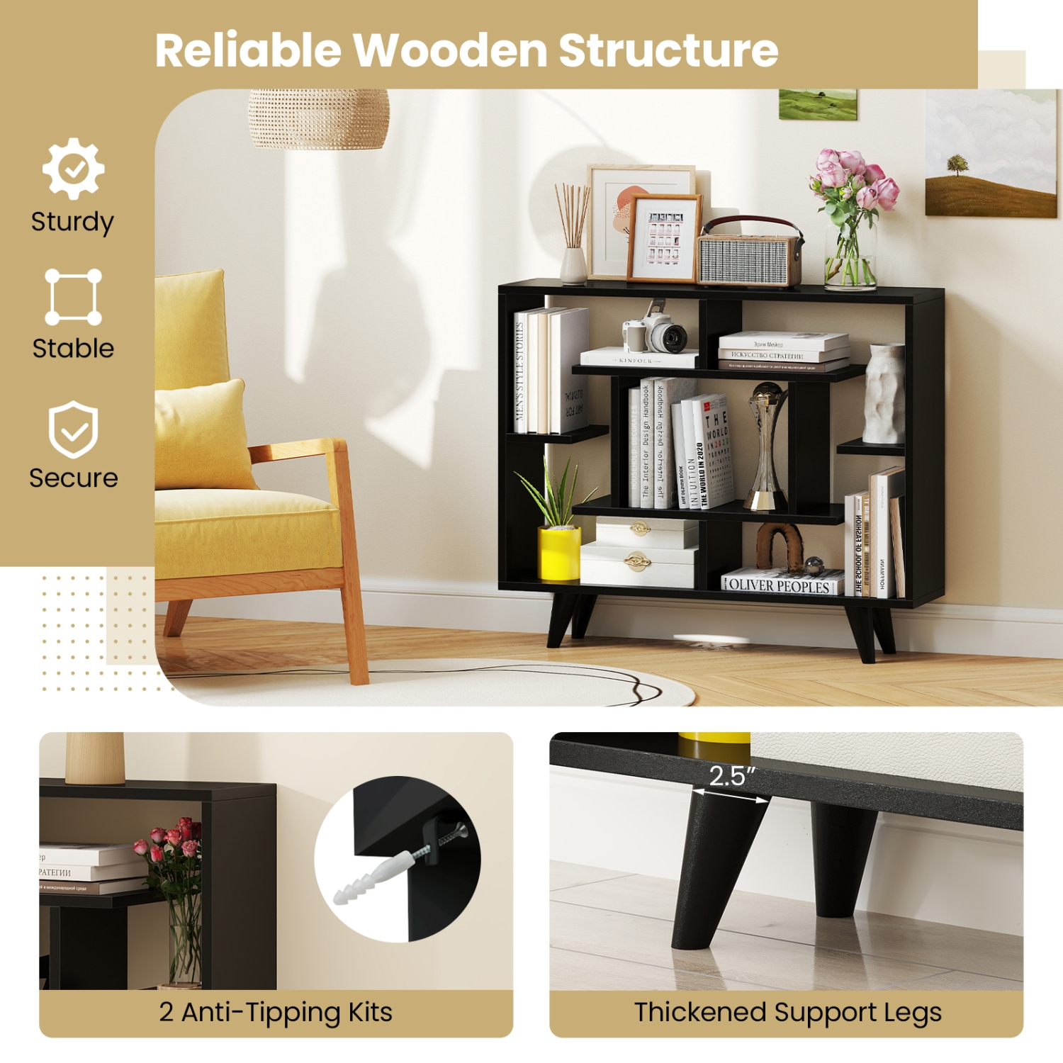 Gymax Bookshelf Geometric Bookcase w/ Anti-Tipping Kit Storage Shelving Unit