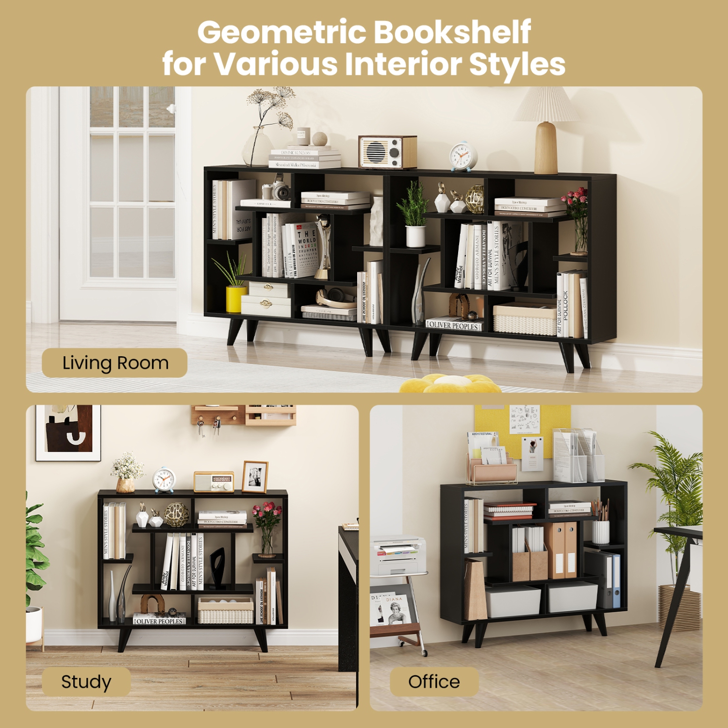 Gymax Bookshelf Geometric Bookcase w/ Anti-Tipping Kit Storage Shelving Unit