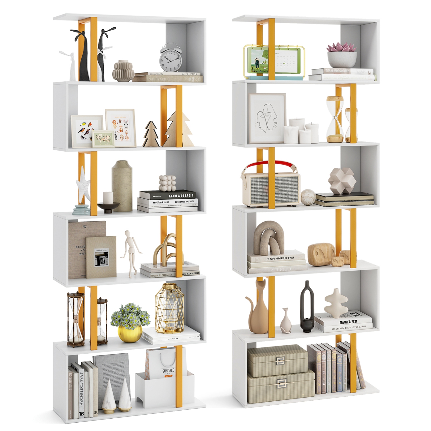 Gymax 2 PCS 6-Tier Geometric Bookcase 74.5-Inch S-Shaped Bookshelf w/ Metal Frame Gold