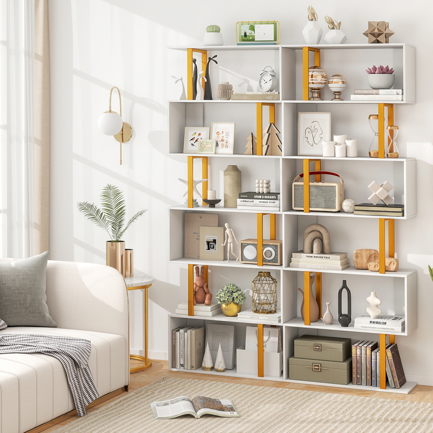 Gymax 2 PCS 6-Tier Geometric Bookcase 74.5-Inch S-Shaped Bookshelf w/ Metal Frame Gold