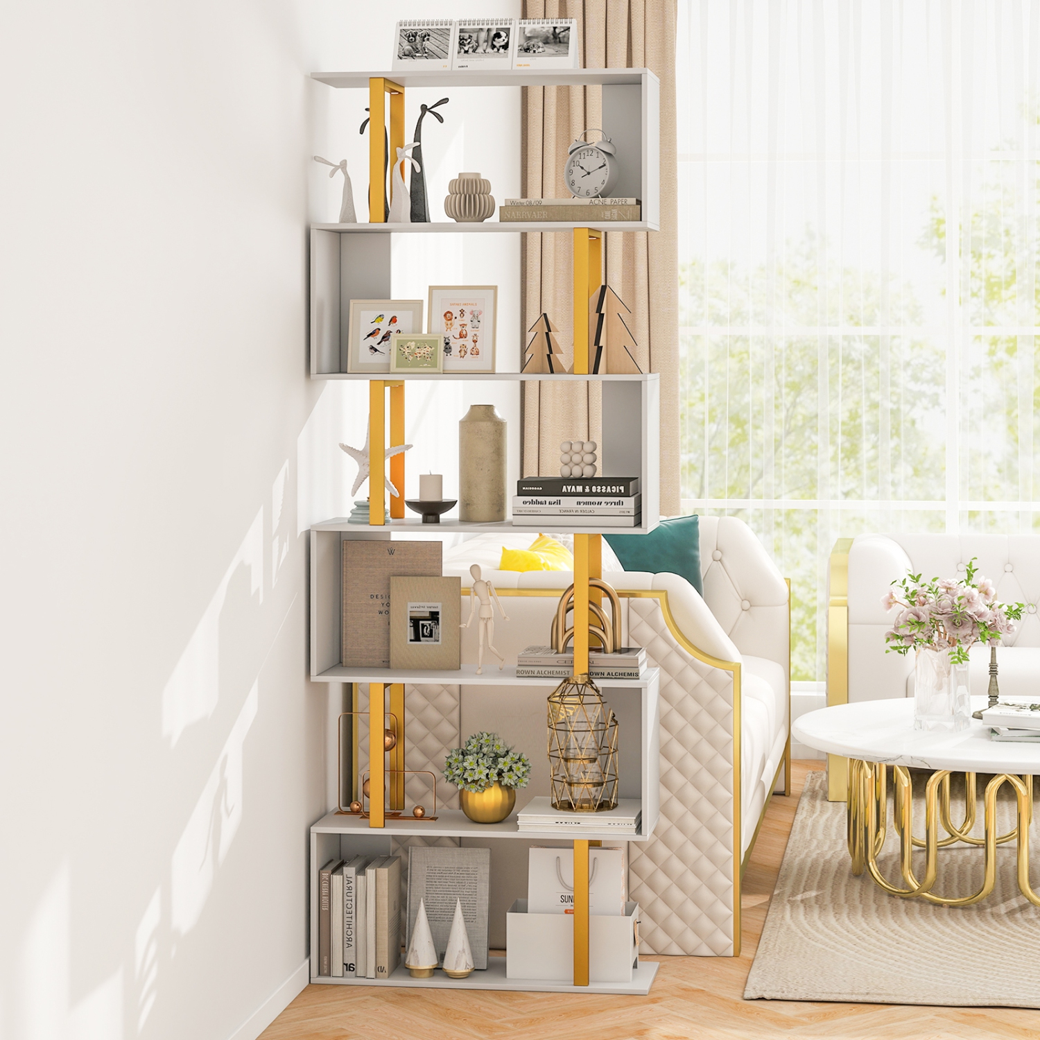 Gymax 2 PCS 6-Tier Geometric Bookcase 74.5-Inch S-Shaped Bookshelf w/ Metal Frame Gold