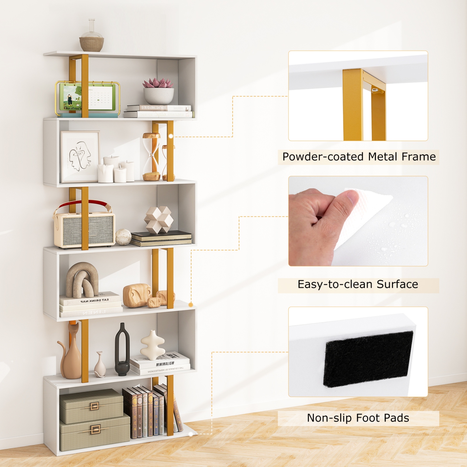 Gymax 2 PCS 6-Tier Geometric Bookcase 74.5-Inch S-Shaped Bookshelf w/ Metal Frame Gold