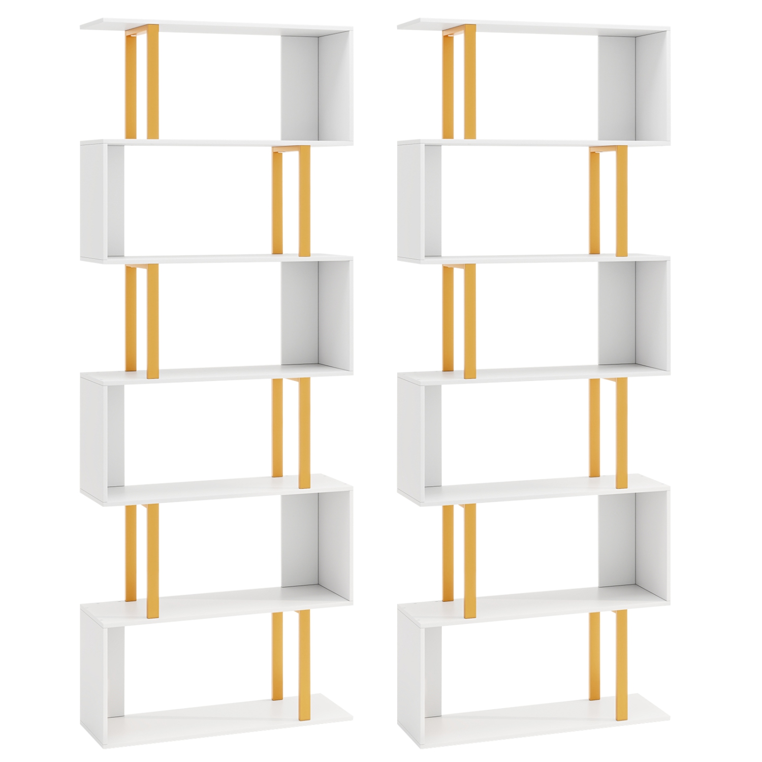 Gymax 2 PCS 6-Tier Geometric Bookcase 74.5-Inch S-Shaped Bookshelf w/ Metal Frame Gold