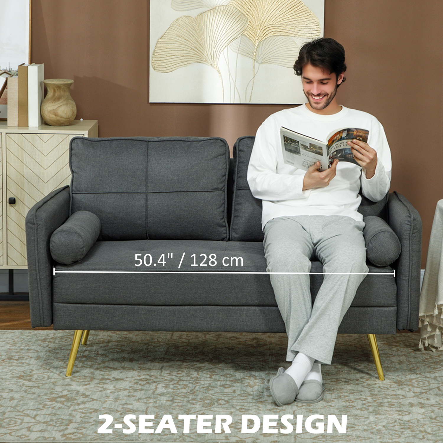 HOMCOM – Causeuse de 56&nbsp;po avec coussins de dossier et coussins, causeuse moderne, canapé à 2 places avec cadre en bois massif et pattes en