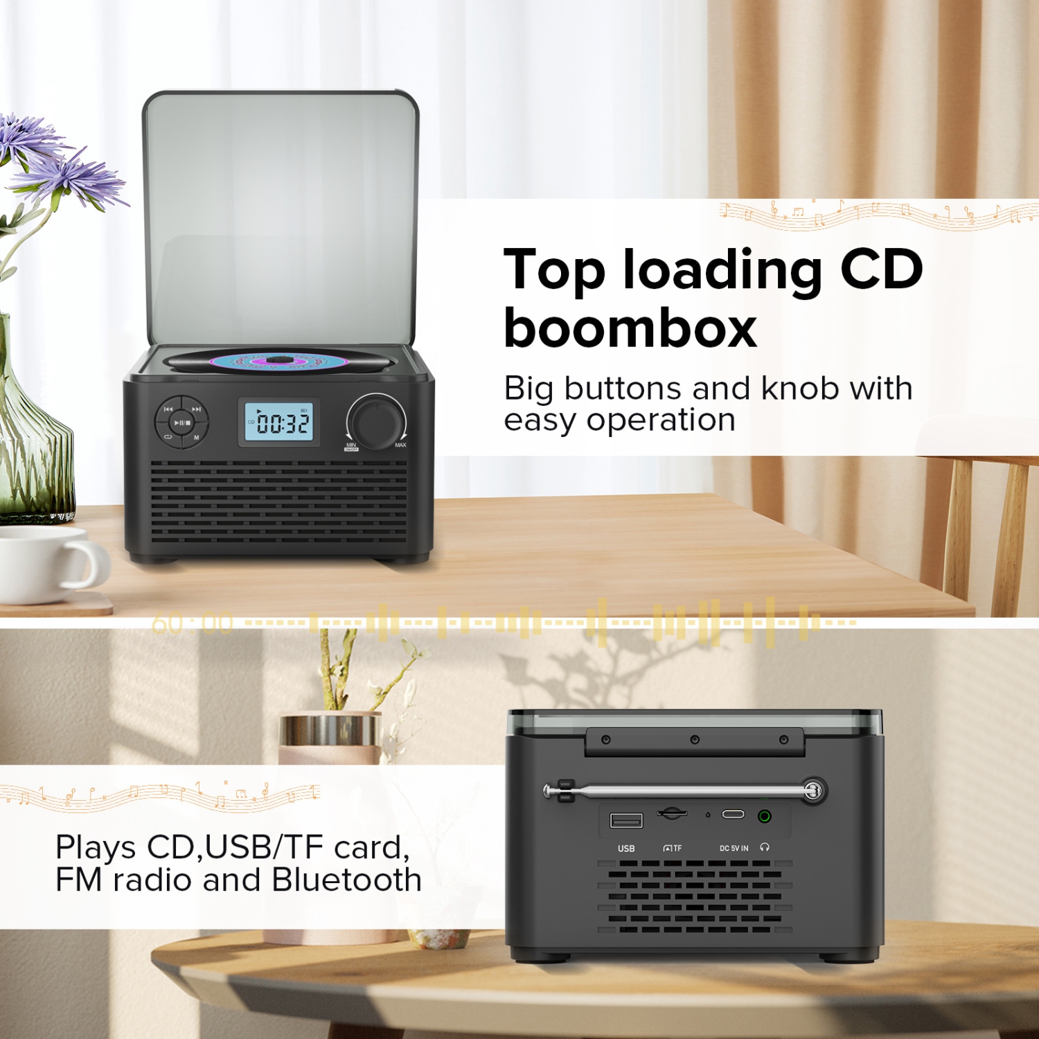 CD Player Retro Bluetooth Music Player Disc Album Player FM Radio