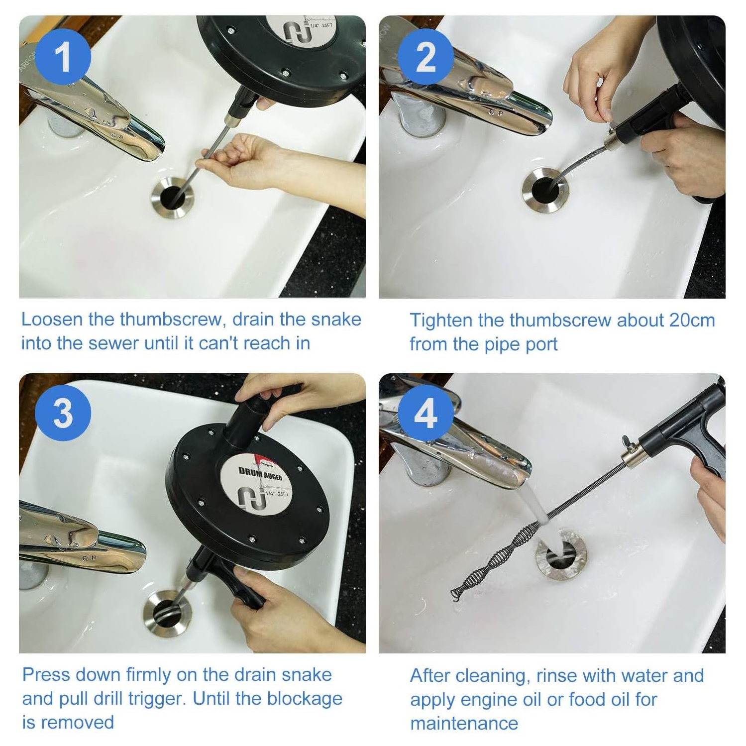 Drain Auger 25Ft Plumbing Snake,Drain Clog Remove Tool,Flexible Drain Auger Hair Clog Remover for Kitchen Bathroom Bathtub Sink