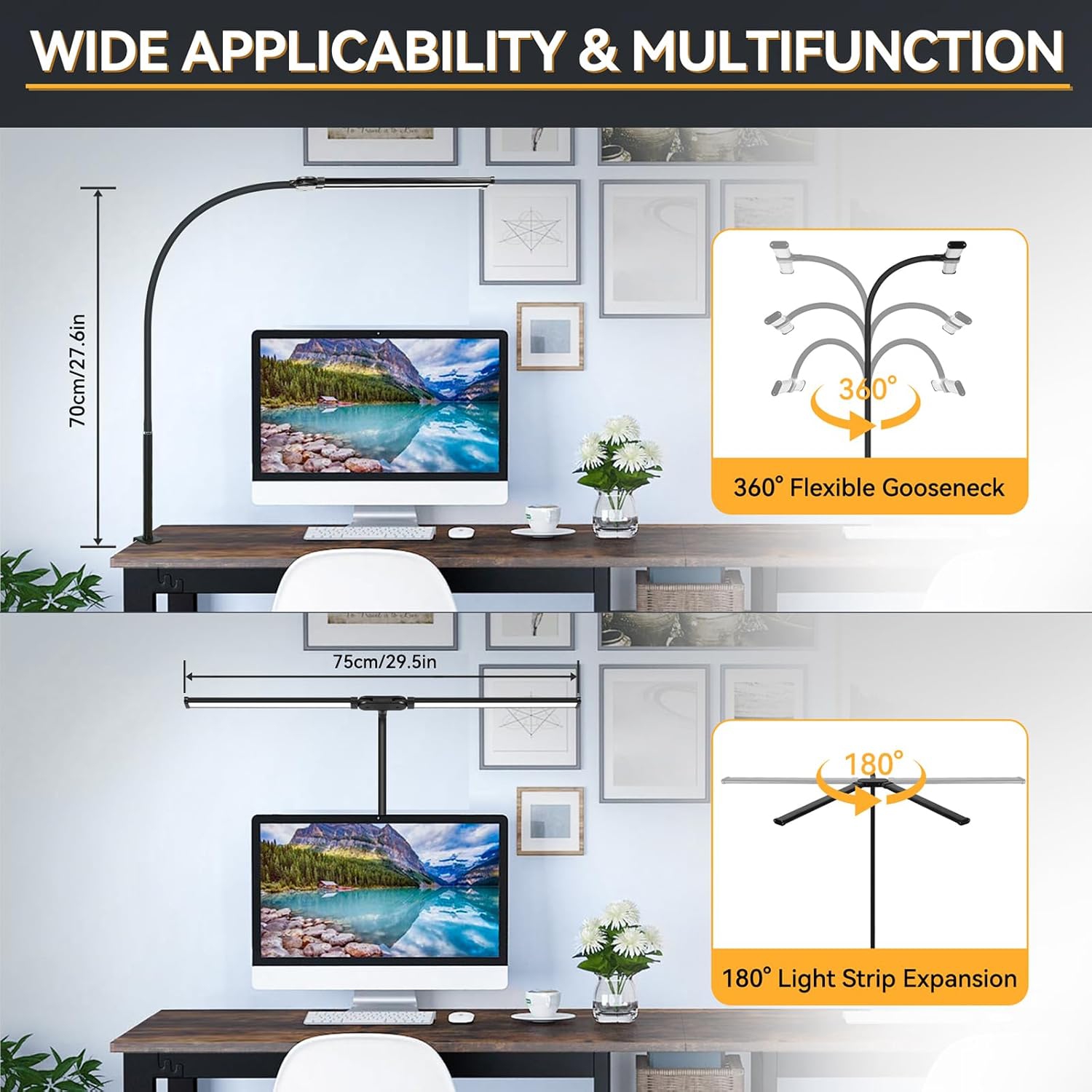 LED Desk Lamp for Home Office,Dual Head Task Lamp with Clamp,Desktop PC Monitor Light Bar,Adjustable Gooseneck Desk Light for Work Study