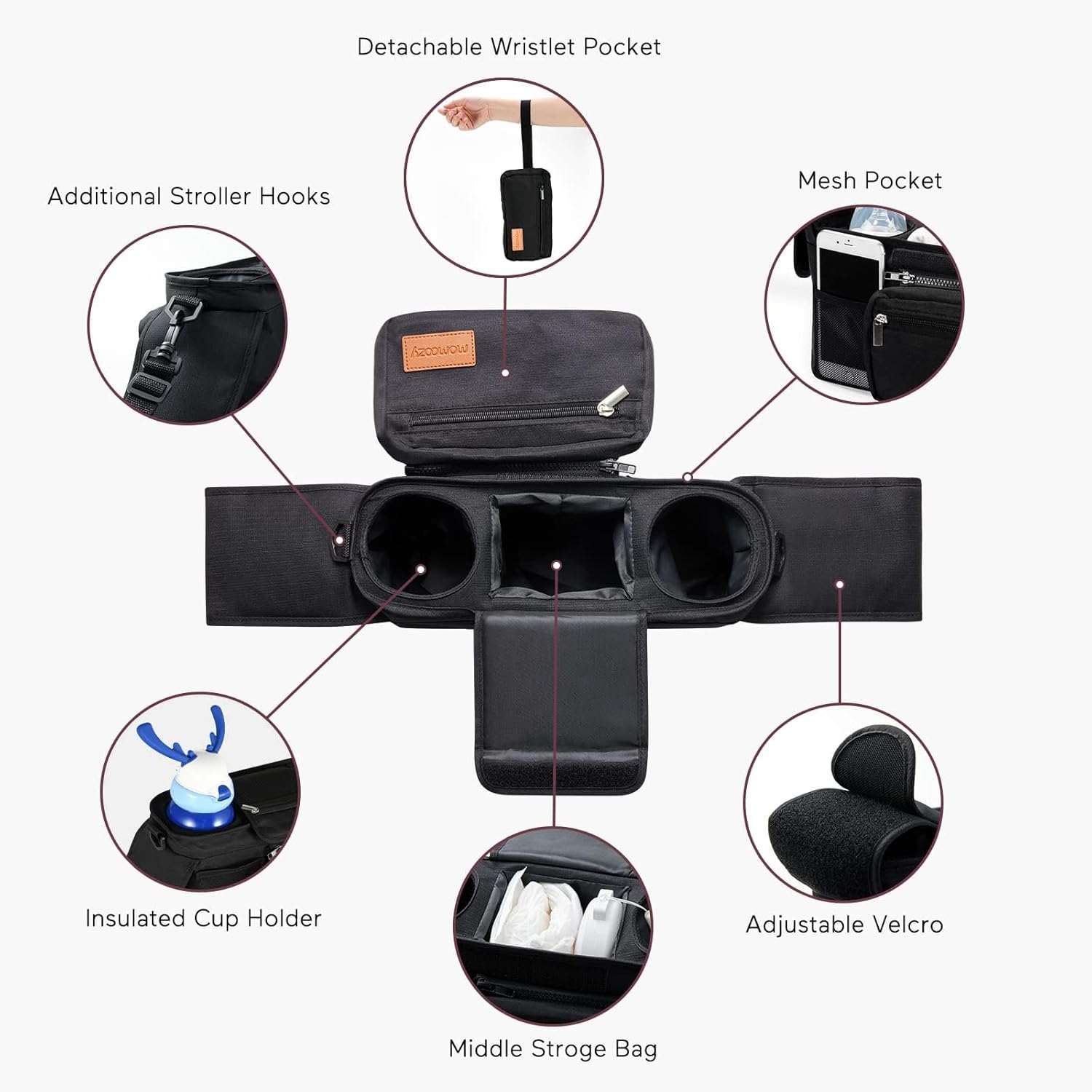 Momcozy Universal Stroller Organizer with Insulated Cup Holder Detachable Phone Bag & Shoulder Strap, Fits for Stroller like Uppababy, Baby Jogger,