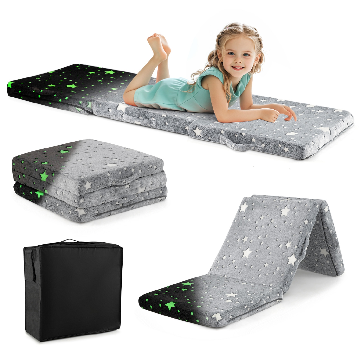 Gymax Foldable Floor Mattress for Kids Glow in the Dark Toddler Nap Mat Tri-Folding