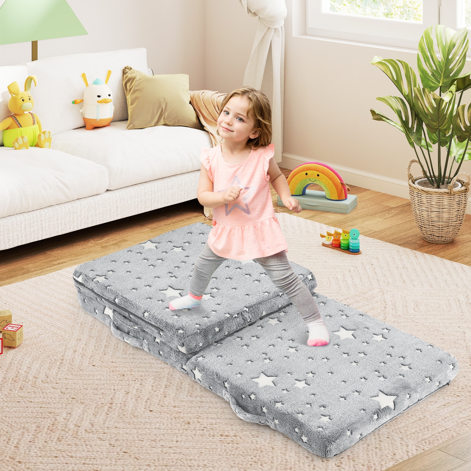 Gymax Foldable Floor Mattress for Kids Glow in the Dark Toddler Nap Mat Tri-Folding