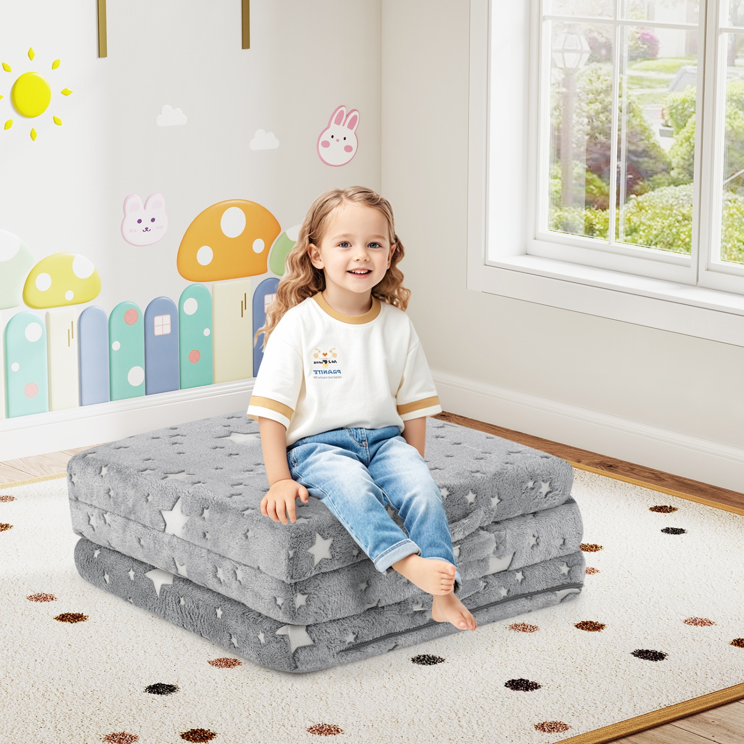 Gymax Foldable Floor Mattress for Kids Glow in the Dark Toddler Nap Mat Tri-Folding