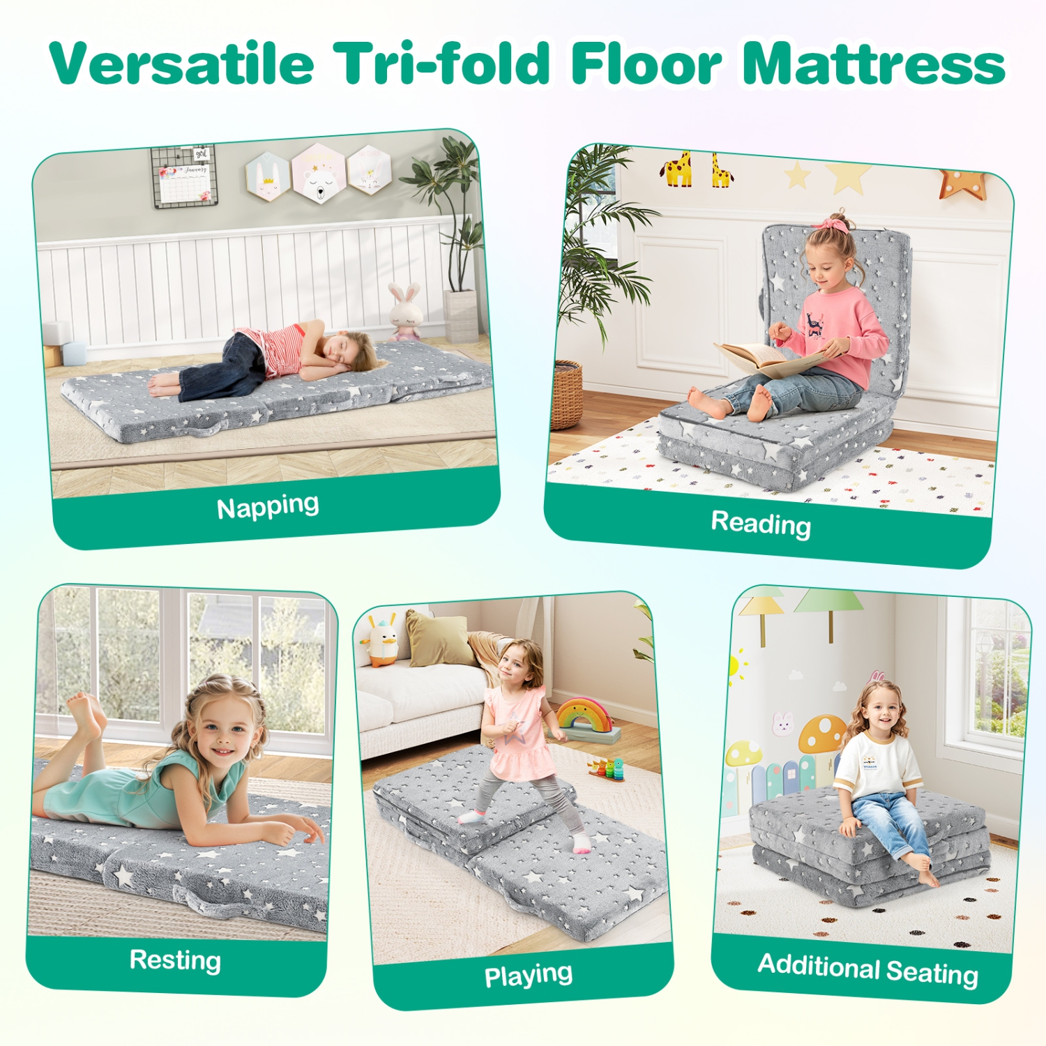 Gymax Foldable Floor Mattress for Kids Glow in the Dark Toddler Nap Mat Tri-Folding