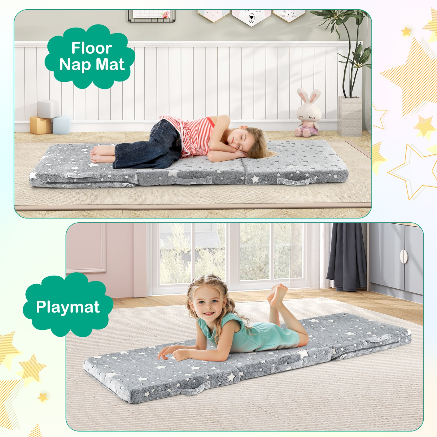 Gymax Foldable Floor Mattress for Kids Glow in the Dark Toddler Nap Mat Tri-Folding