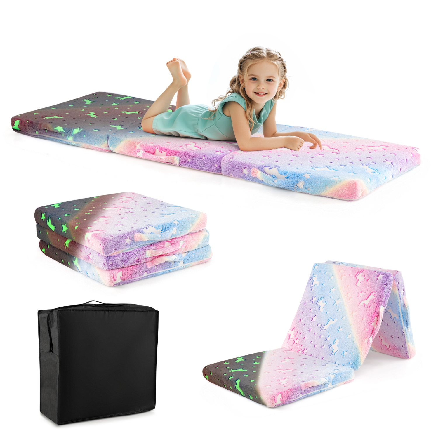 Gymax Foldable Floor Mattress for Kids Glow in the Dark Toddler Nap Mat Tri-Folding