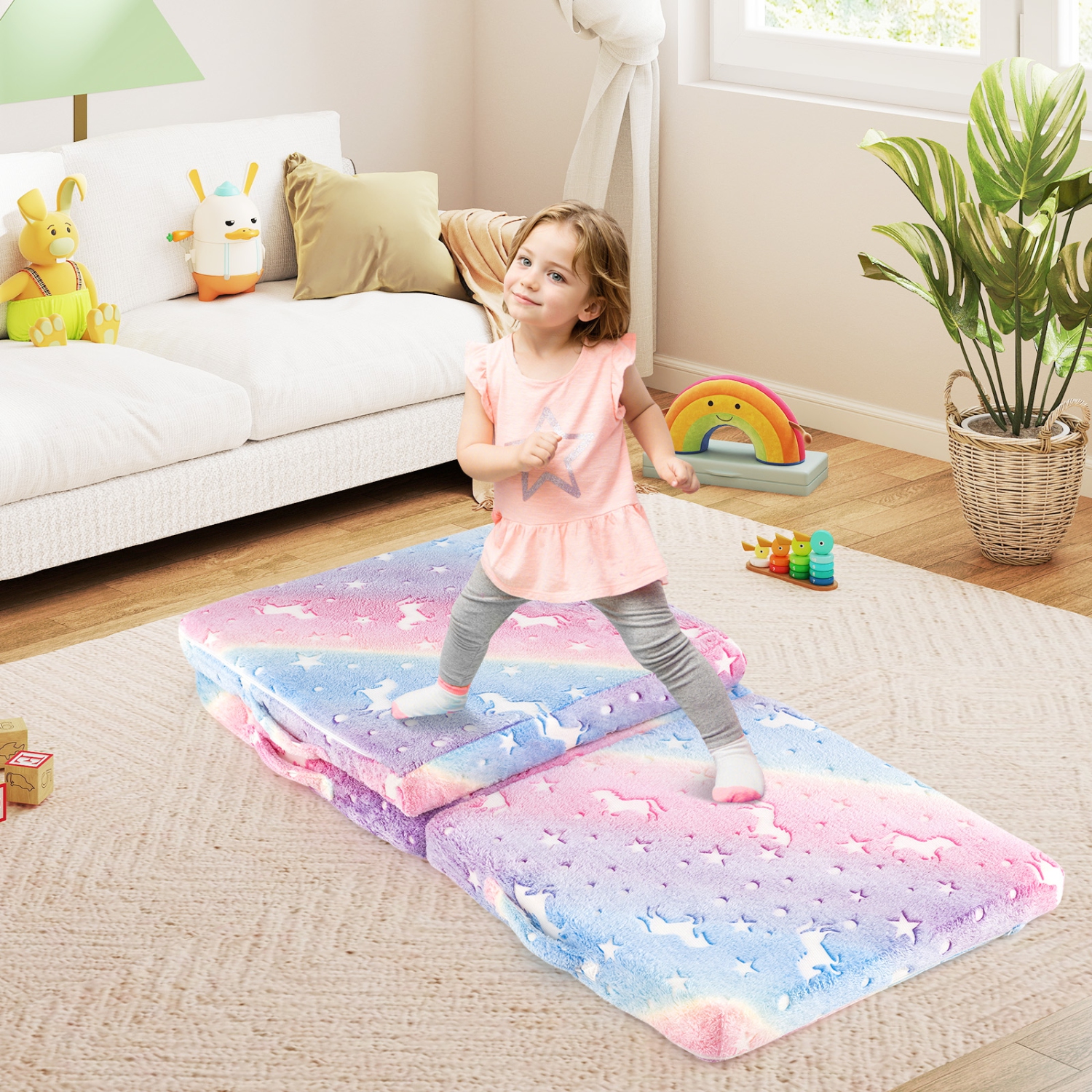 Gymax Foldable Floor Mattress for Kids Glow in the Dark Toddler Nap Mat Tri-Folding