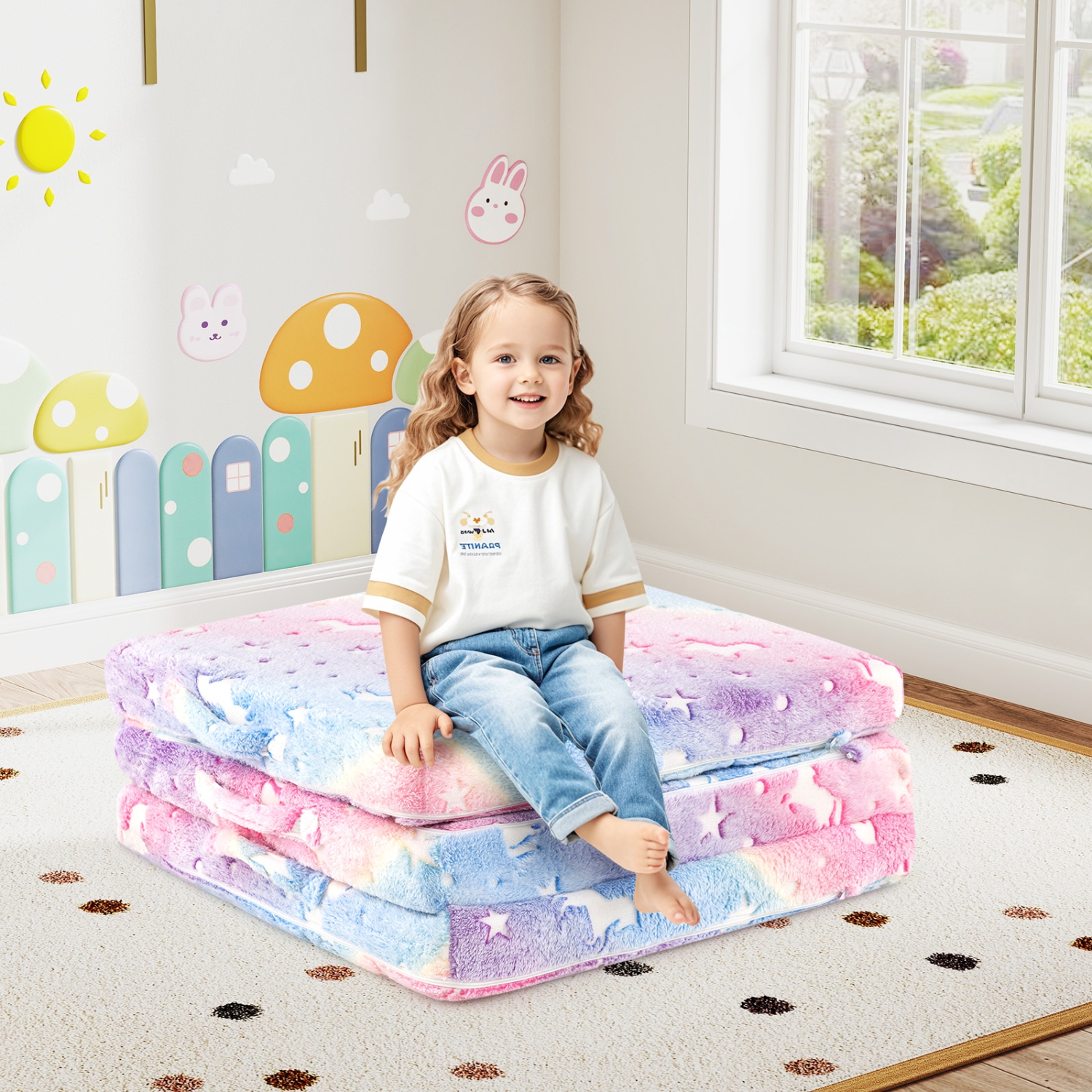 Gymax Foldable Floor Mattress for Kids Glow in the Dark Toddler Nap Mat Tri-Folding