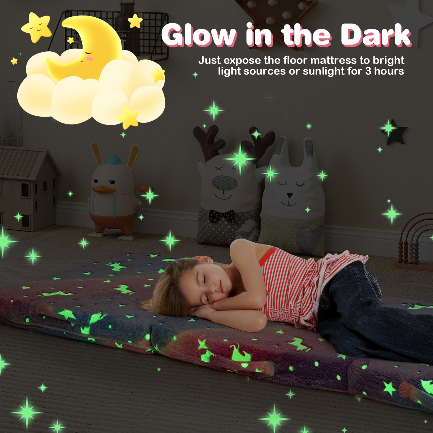 Gymax Foldable Floor Mattress for Kids Glow in the Dark Toddler Nap Mat Tri-Folding