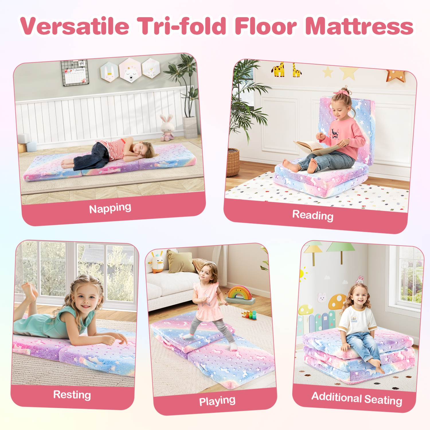 Gymax Foldable Floor Mattress for Kids Glow in the Dark Toddler Nap Mat Tri-Folding