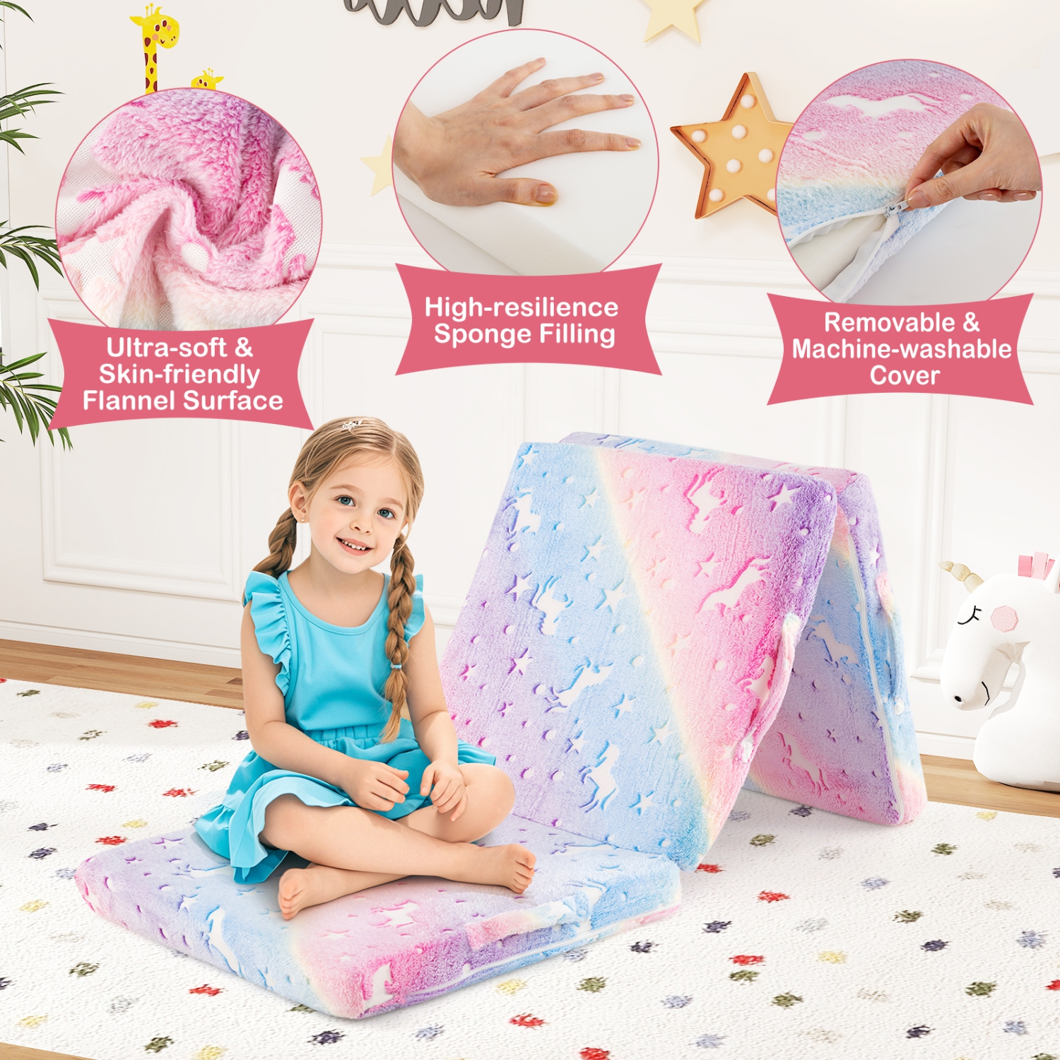 Gymax Foldable Floor Mattress for Kids Glow in the Dark Toddler Nap Mat Tri-Folding