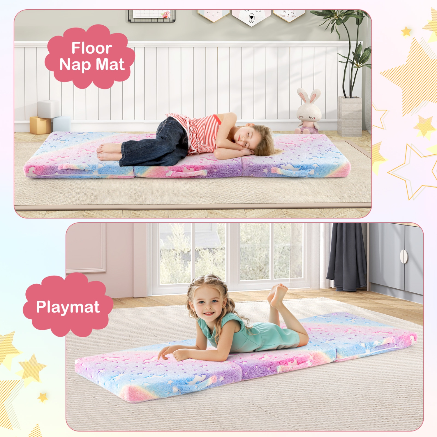 Gymax Foldable Floor Mattress for Kids Glow in the Dark Toddler Nap Mat Tri-Folding