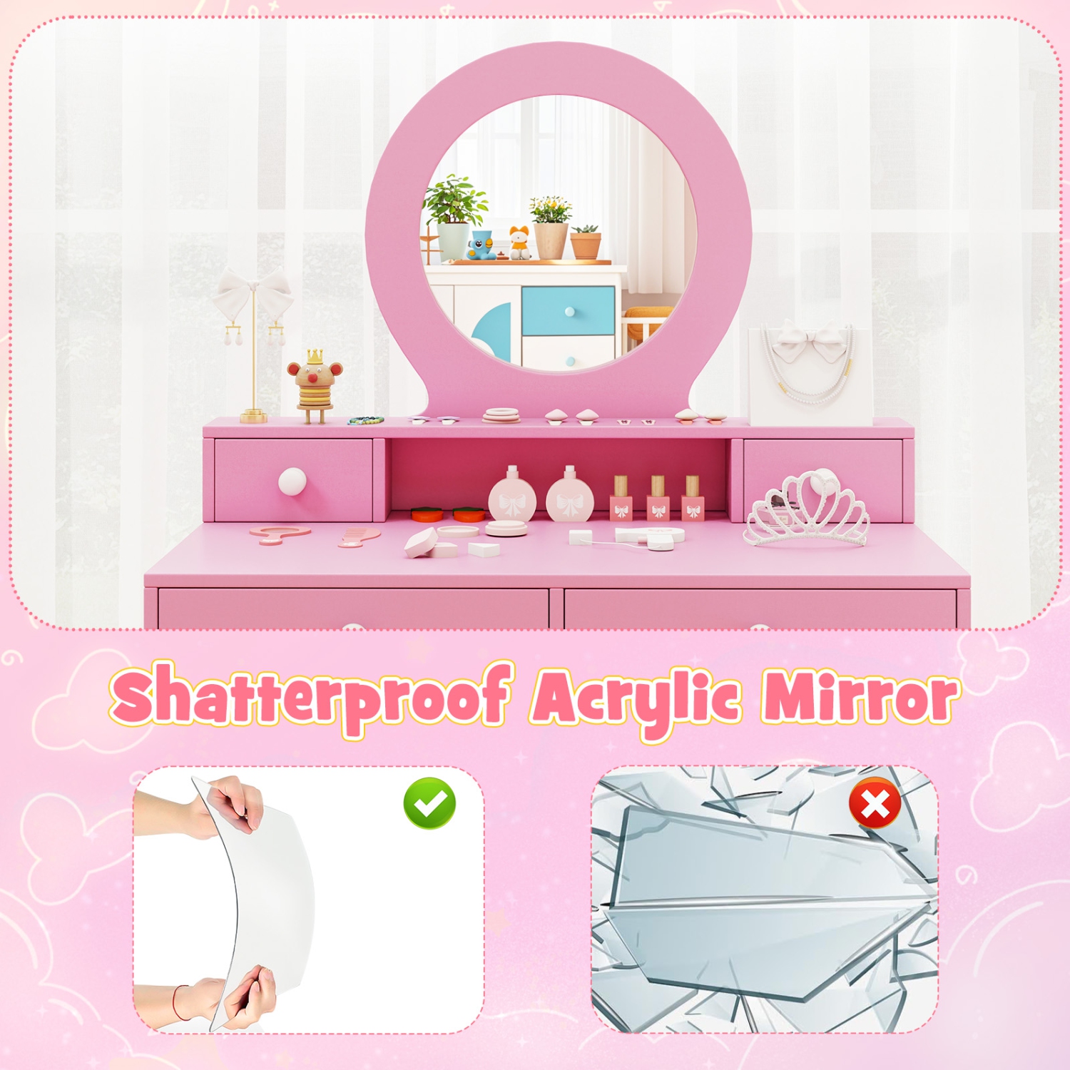 Gymax Kids Vanity Set Desk & Chair Set w/ Mirror Open Shelf & 4 Storage Drawers