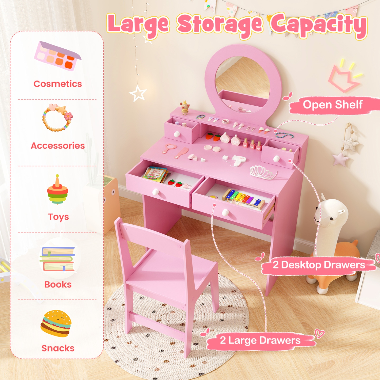 Gymax Kids Vanity Set Desk & Chair Set w/ Mirror Open Shelf & 4 Storage Drawers