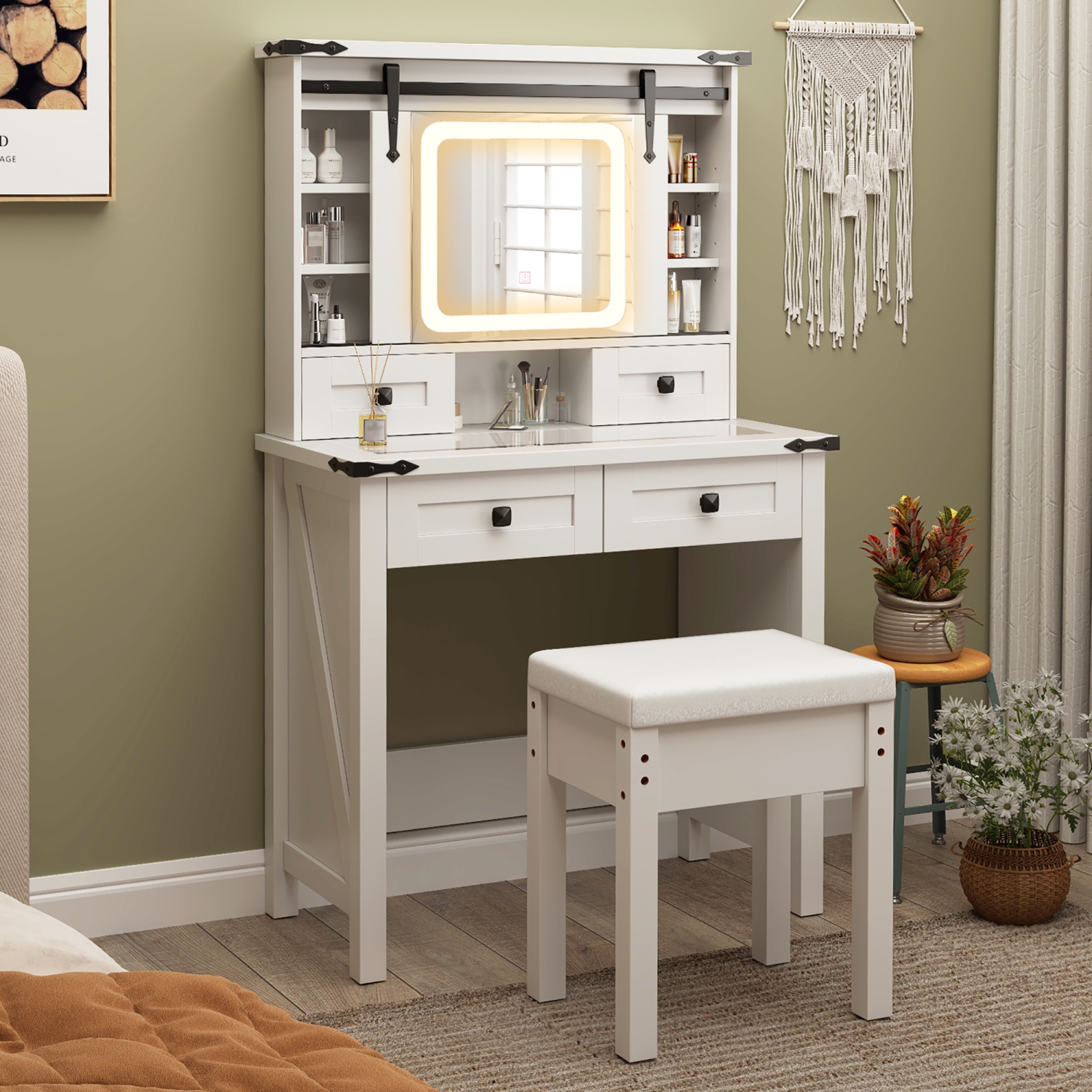 Gymax Farmhouse Vanity Desk Makeup Vanity Table w/Adjustable Brightness Sliding Mirror White