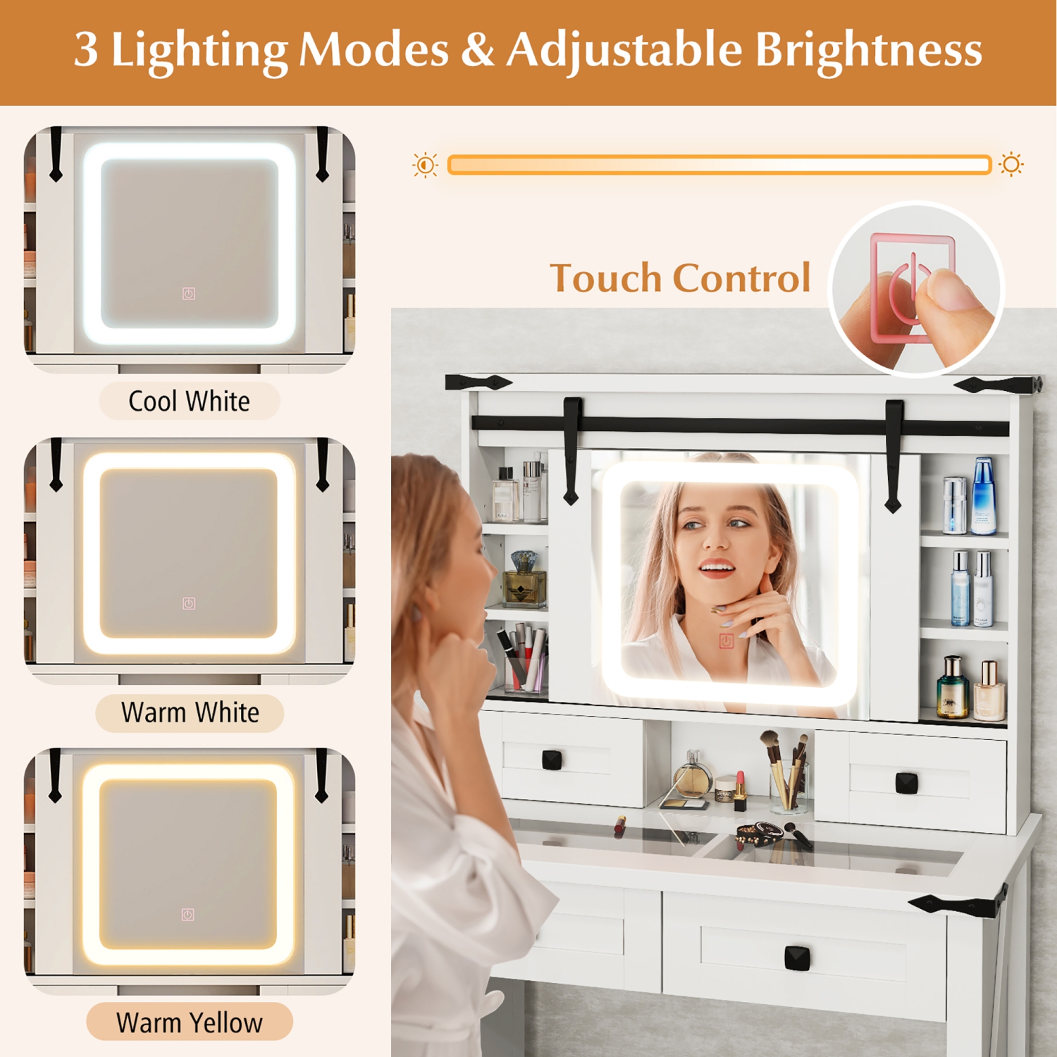 Gymax Farmhouse Vanity Desk Makeup Vanity Table w/Adjustable Brightness Sliding Mirror White