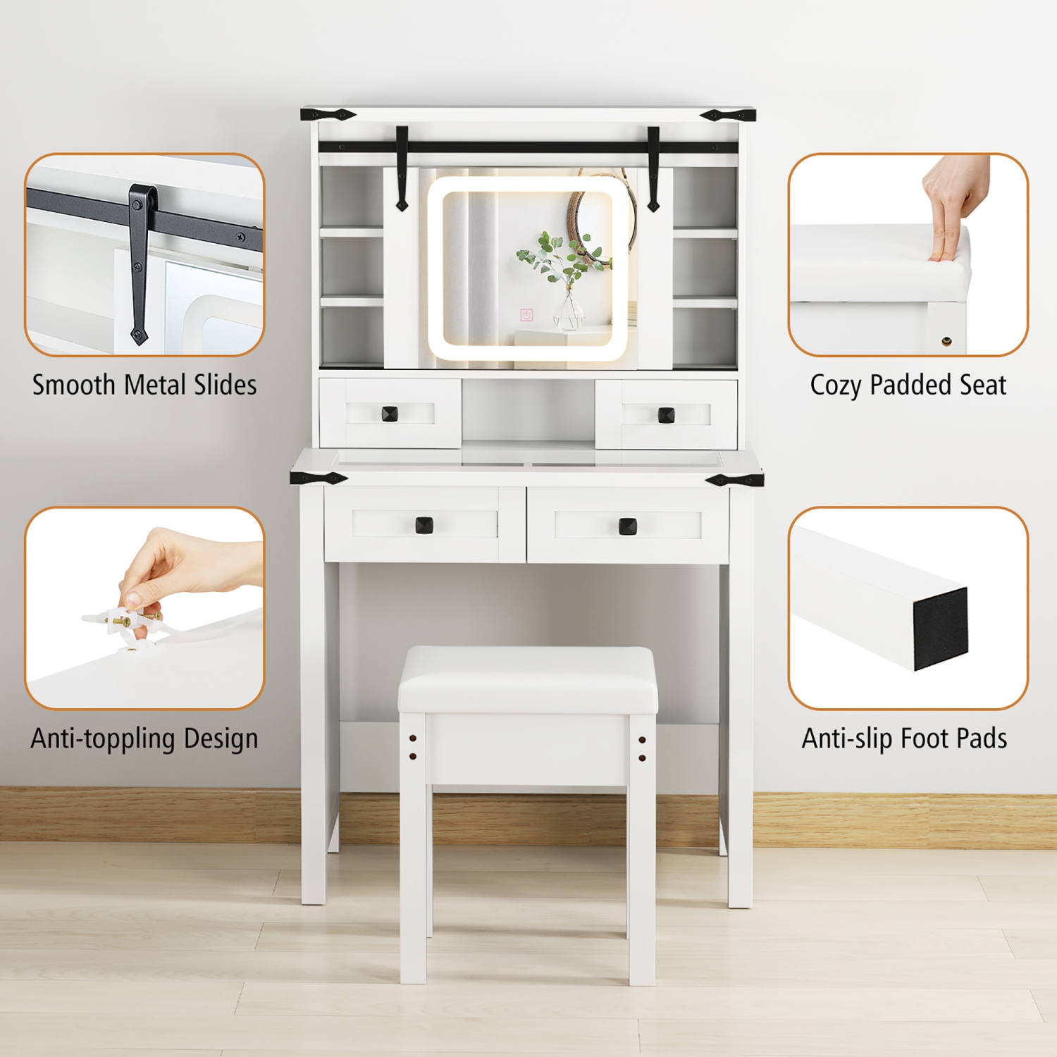 Gymax Farmhouse Vanity Desk Makeup Vanity Table w/Adjustable Brightness Sliding Mirror White