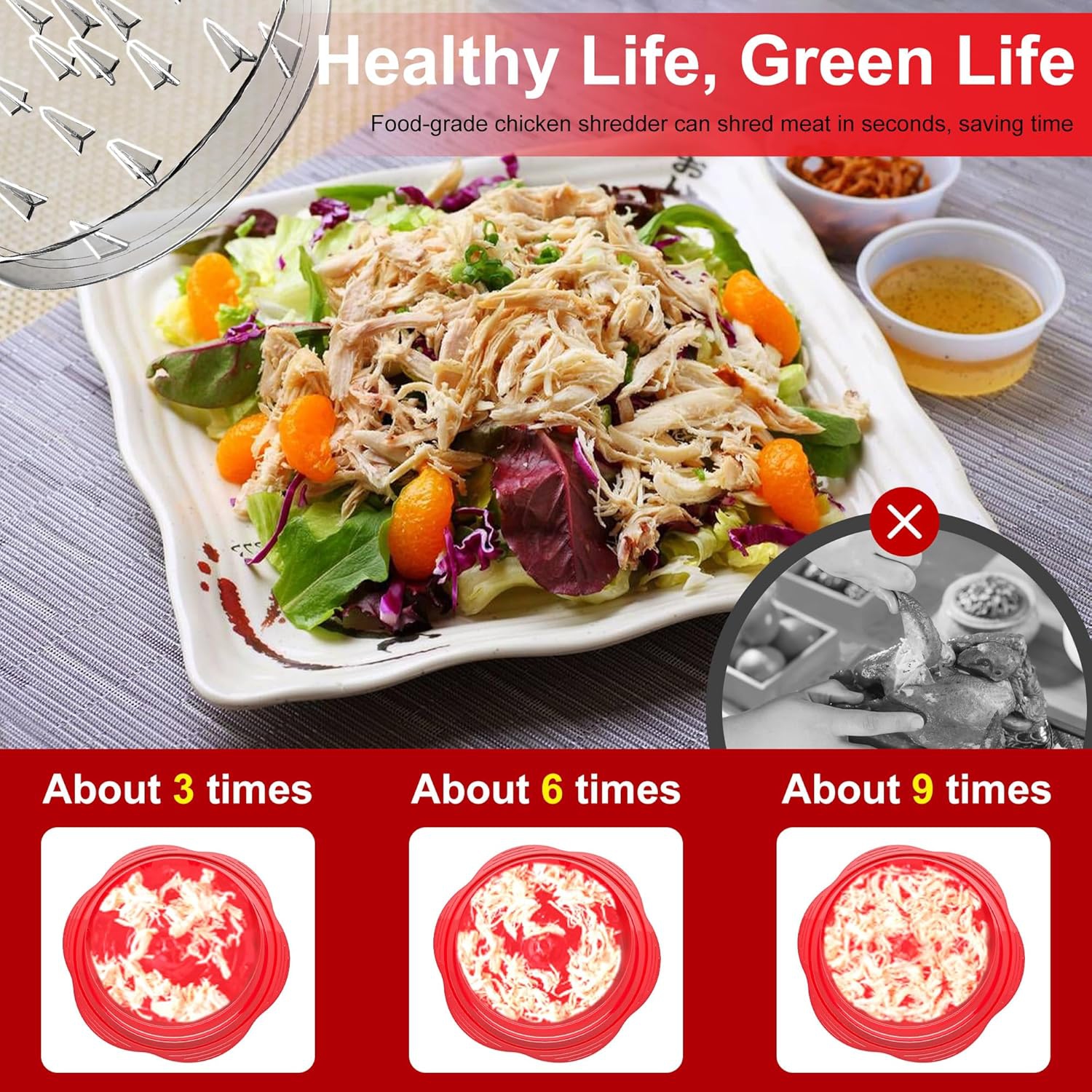 Déchiqueteur de poulet grand format avec brosse et fourchette, déchiqueteuse à viande visible, bande antidérapante robuste, poignée ergonomique, sans