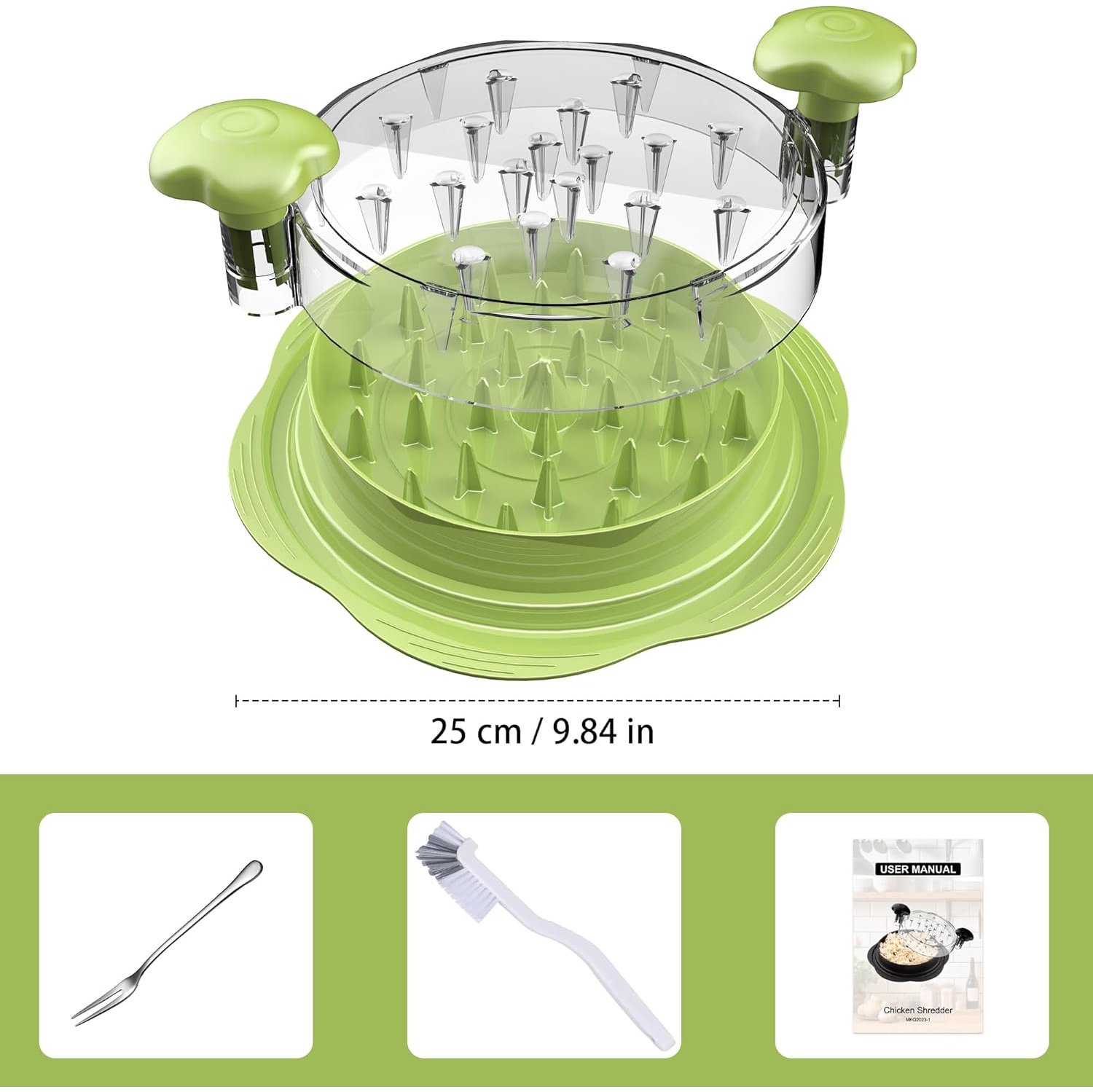 Chicken Shredder Large Chicken Breast Shredder Tool Twist with Brush & Fork, Visible Meat Shredder, Strong Anti-Slip Strip, Ergonomic Handle, BPA