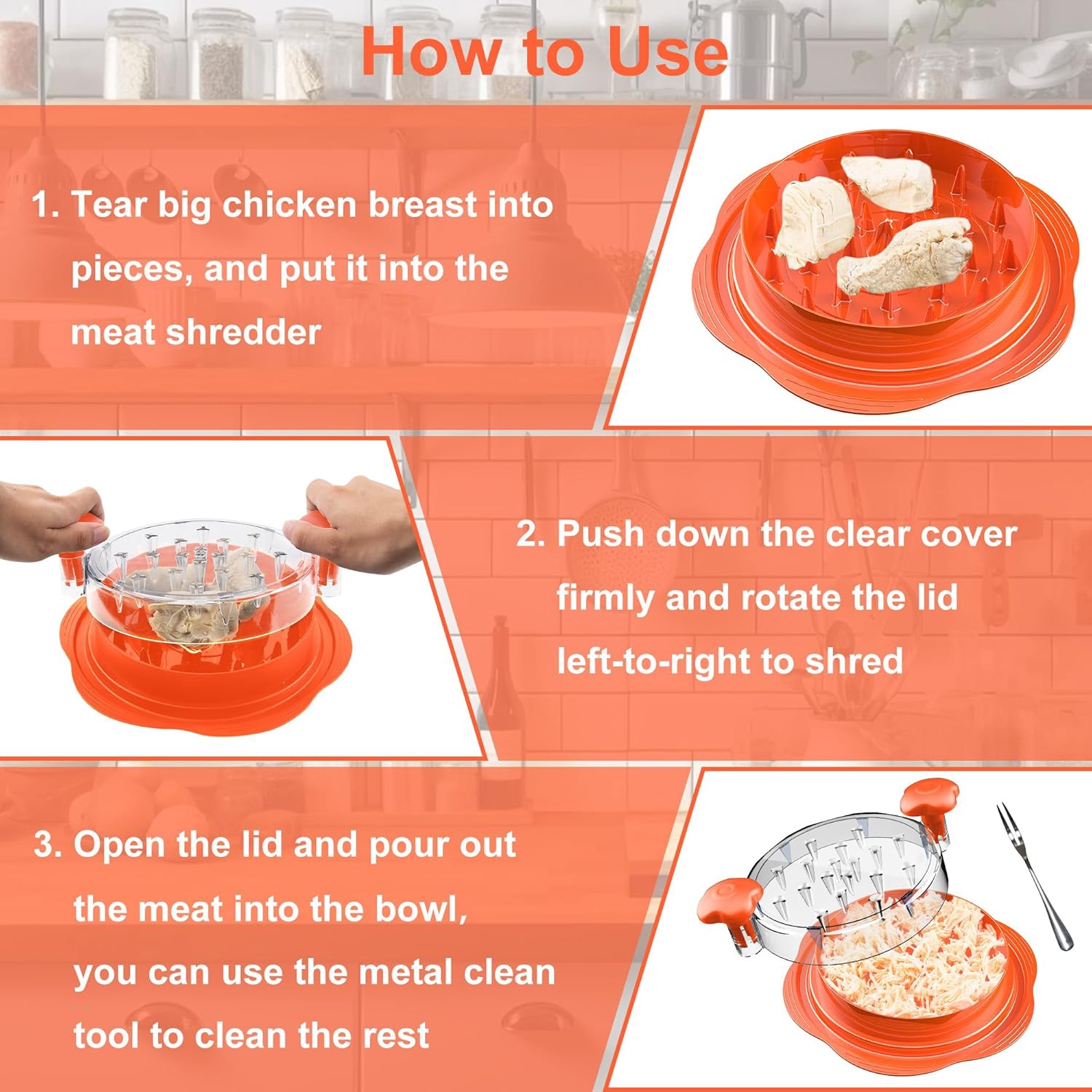 Chicken Shredder Large Chicken Breast Shredder Tool Twist with Brush & Fork, Visible Meat Shredder, Strong Anti-Slip Strip, Ergonomic Handle, BPA