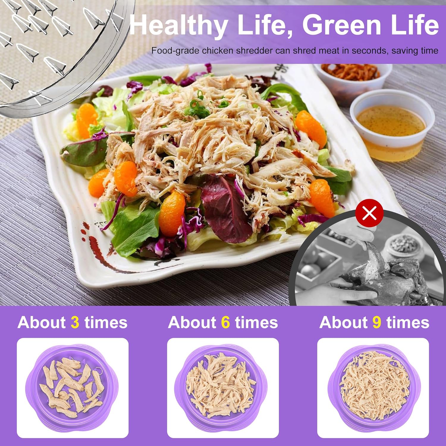 Déchiqueteur de poulet grand format avec brosse et fourchette, déchiqueteuse à viande visible, bande antidérapante robuste, poignée ergonomique, sans