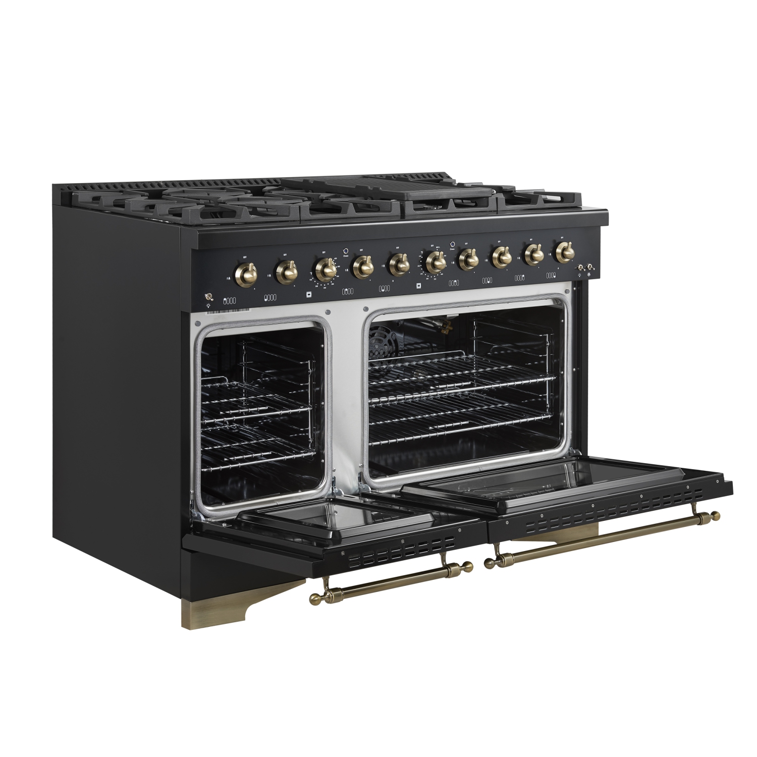 Forno Antico 48-Inch Freestanding Gas Range, Black, Antique Brass Design, 8 Burners, Griddle, Double Ovens, Energy Efficient