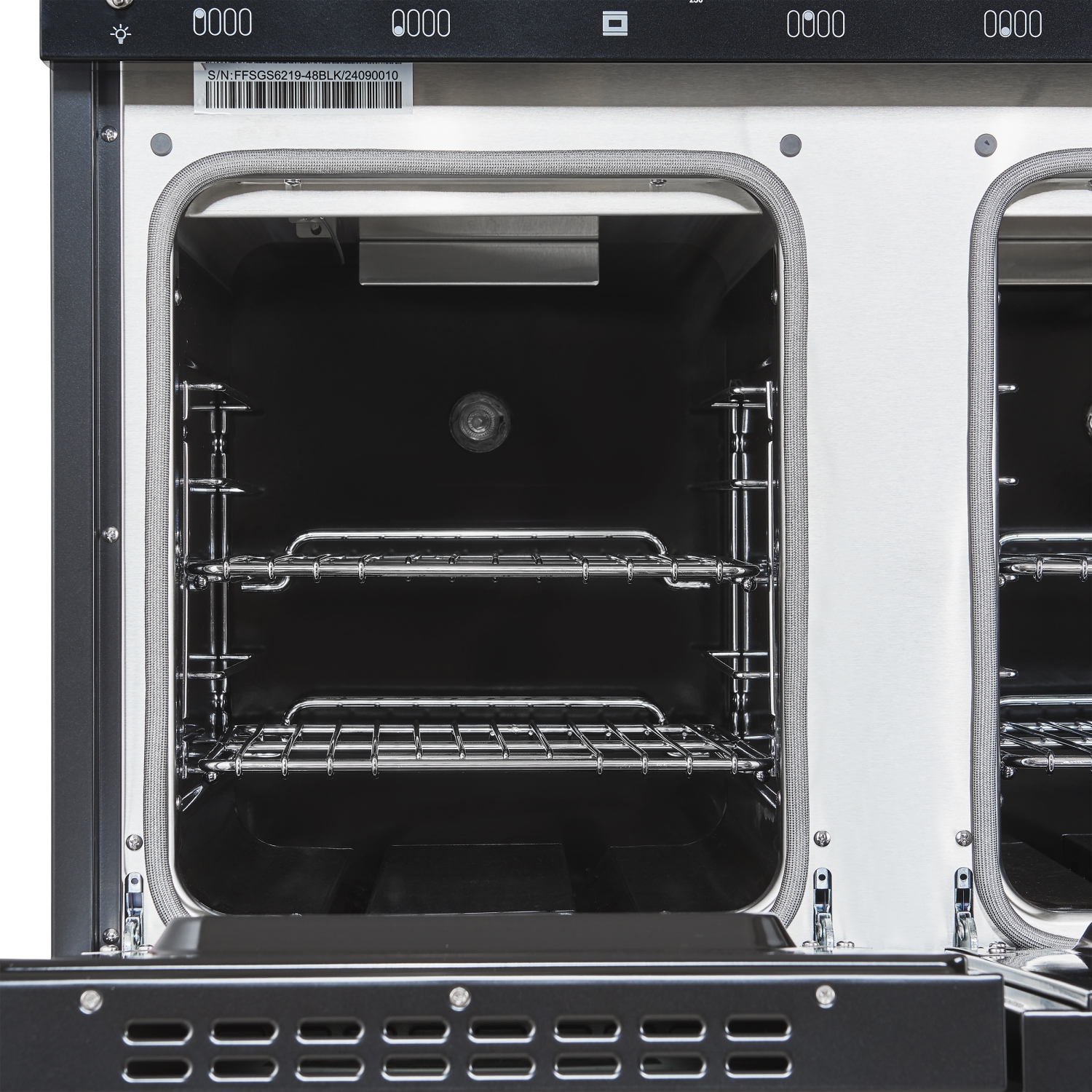 Forno Antico 48-Inch Freestanding Gas Range, Black, Antique Brass Design, 8 Burners, Griddle, Double Ovens, Energy Efficient